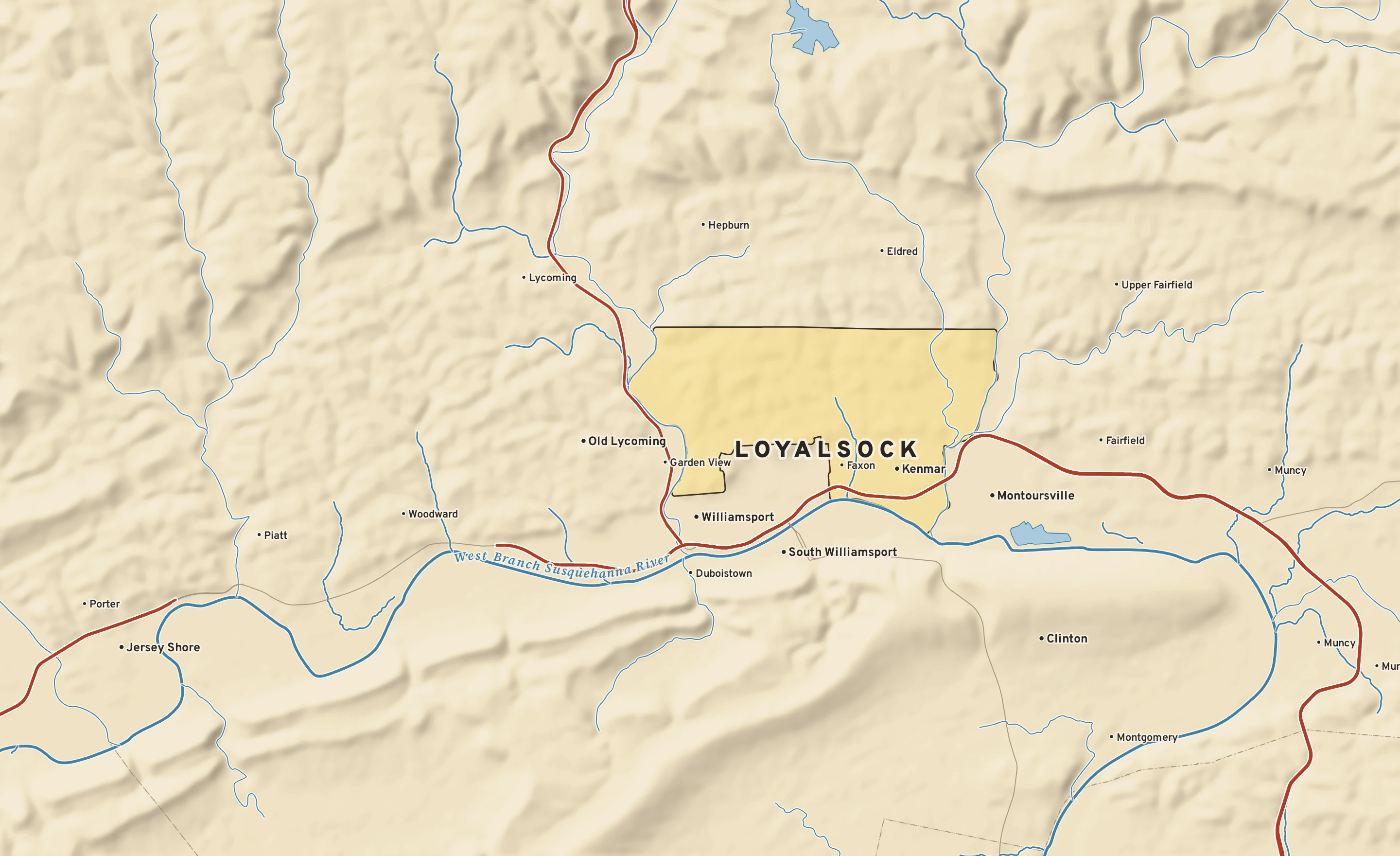 Shaded-relief atlas plate of Loyalsock, Pennsylvania: rivers, roads, the city limits and where the water drains.