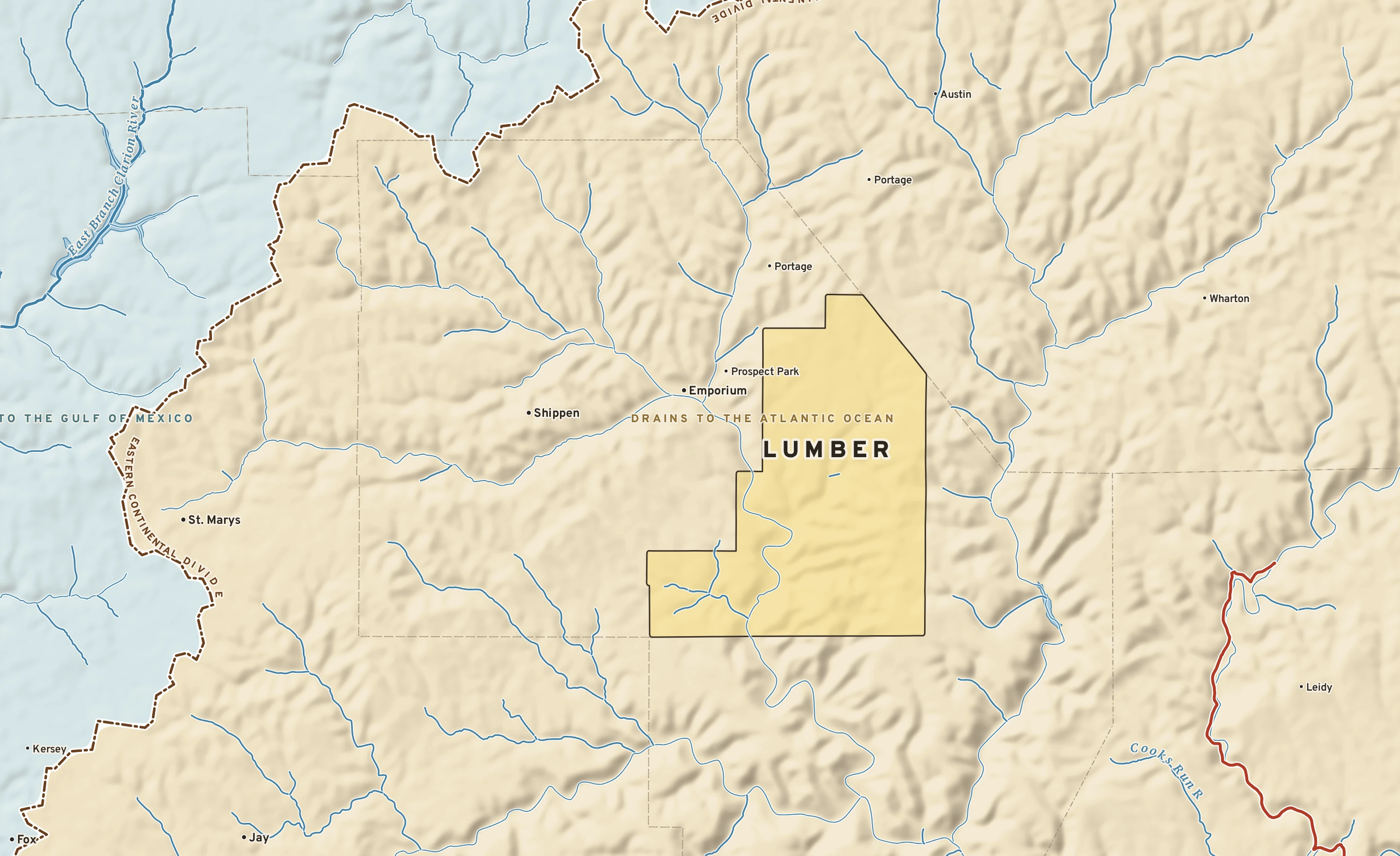Shaded-relief atlas plate of Lumber, Pennsylvania: rivers, roads, the city limits and where the water drains.