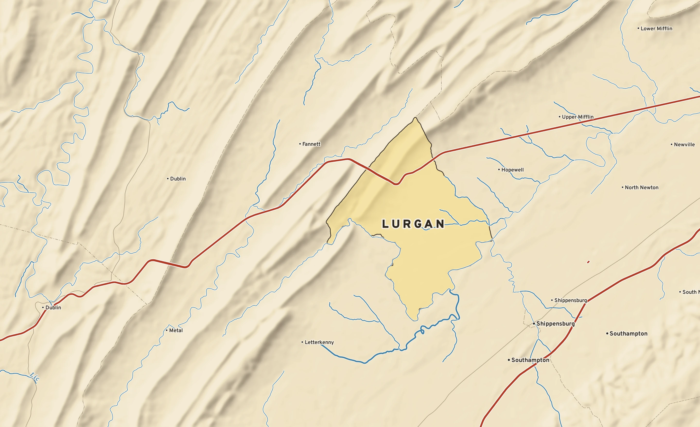 Shaded-relief atlas plate of Lurgan, Pennsylvania: rivers, roads, the city limits and where the water drains.