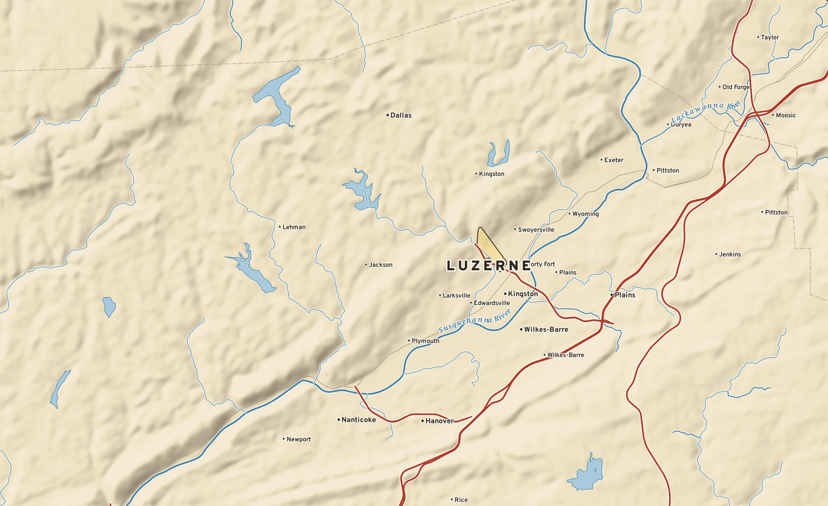 Shaded-relief atlas plate of Luzerne, Pennsylvania: rivers, roads, the city limits and where the water drains.