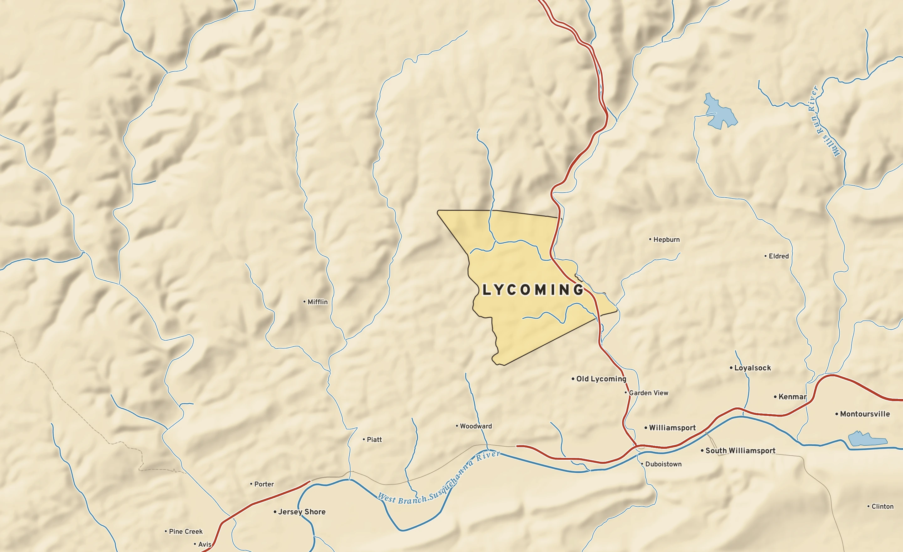 Shaded-relief atlas plate of Lycoming, Pennsylvania: rivers, roads, the city limits and where the water drains.