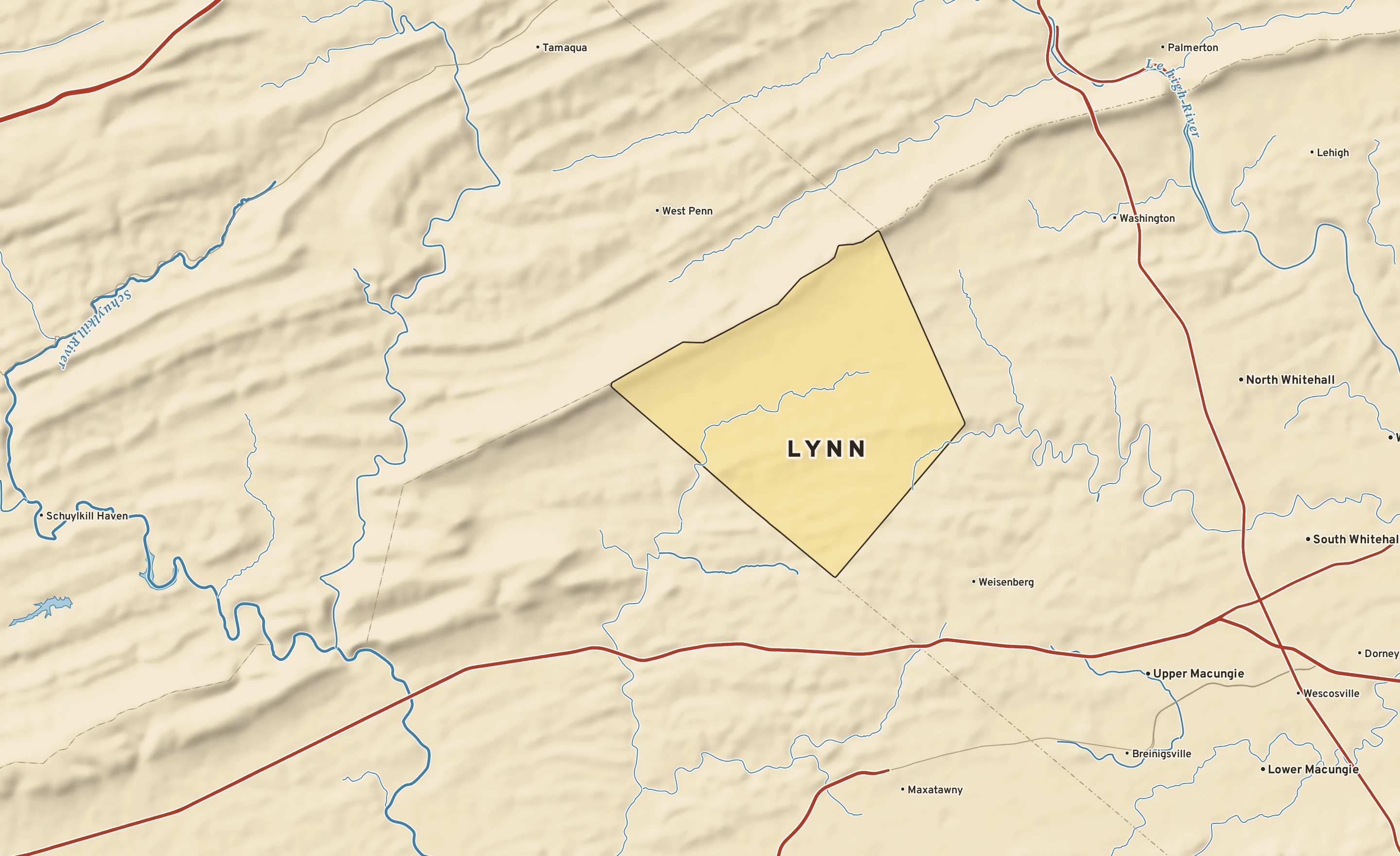 Shaded-relief atlas plate of Lynn, Pennsylvania: rivers, roads, the city limits and where the water drains.