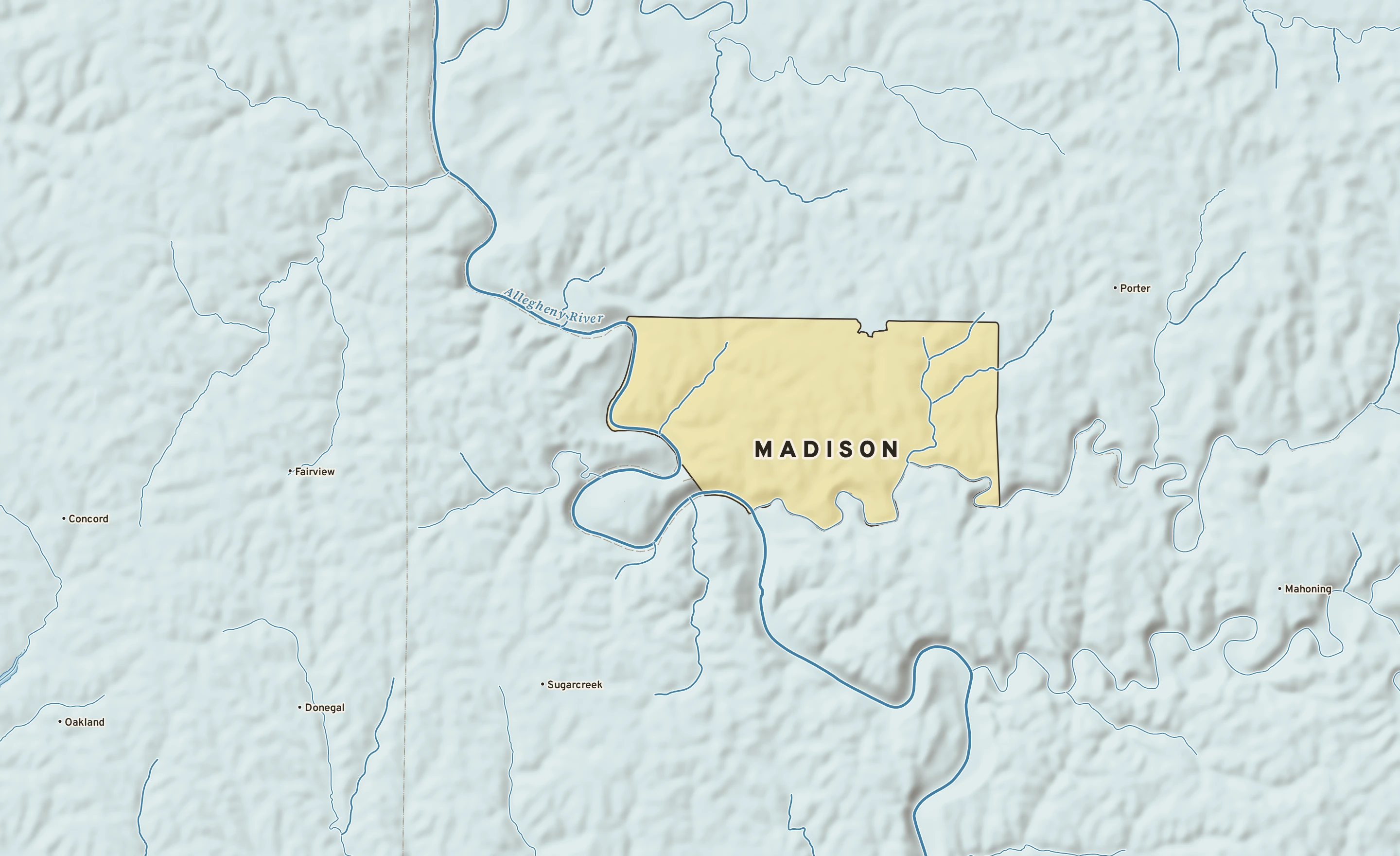 Shaded-relief atlas plate of Madison, Pennsylvania: rivers, roads, the city limits and where the water drains.