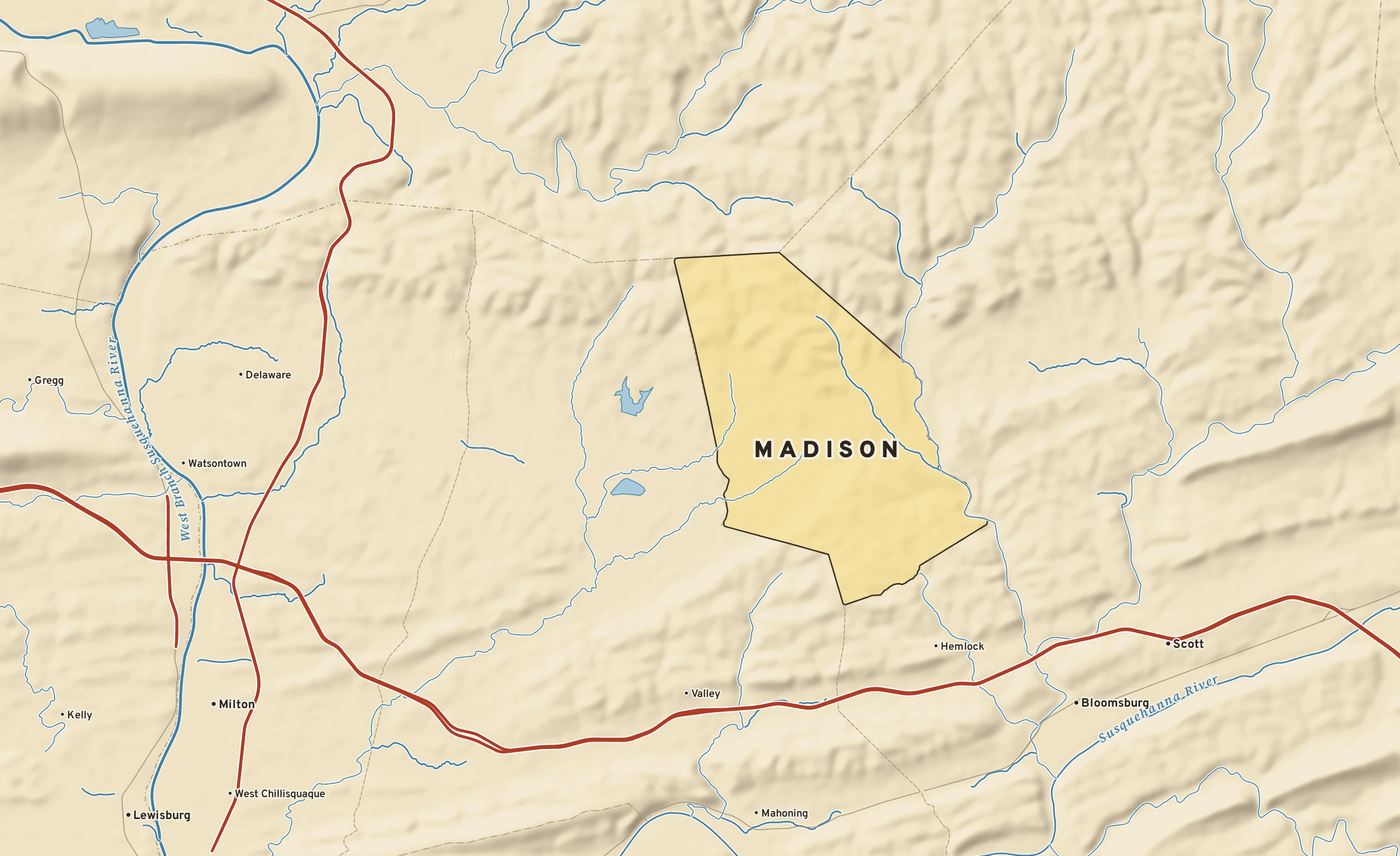 Shaded-relief atlas plate of Madison, Pennsylvania: rivers, roads, the city limits and where the water drains.