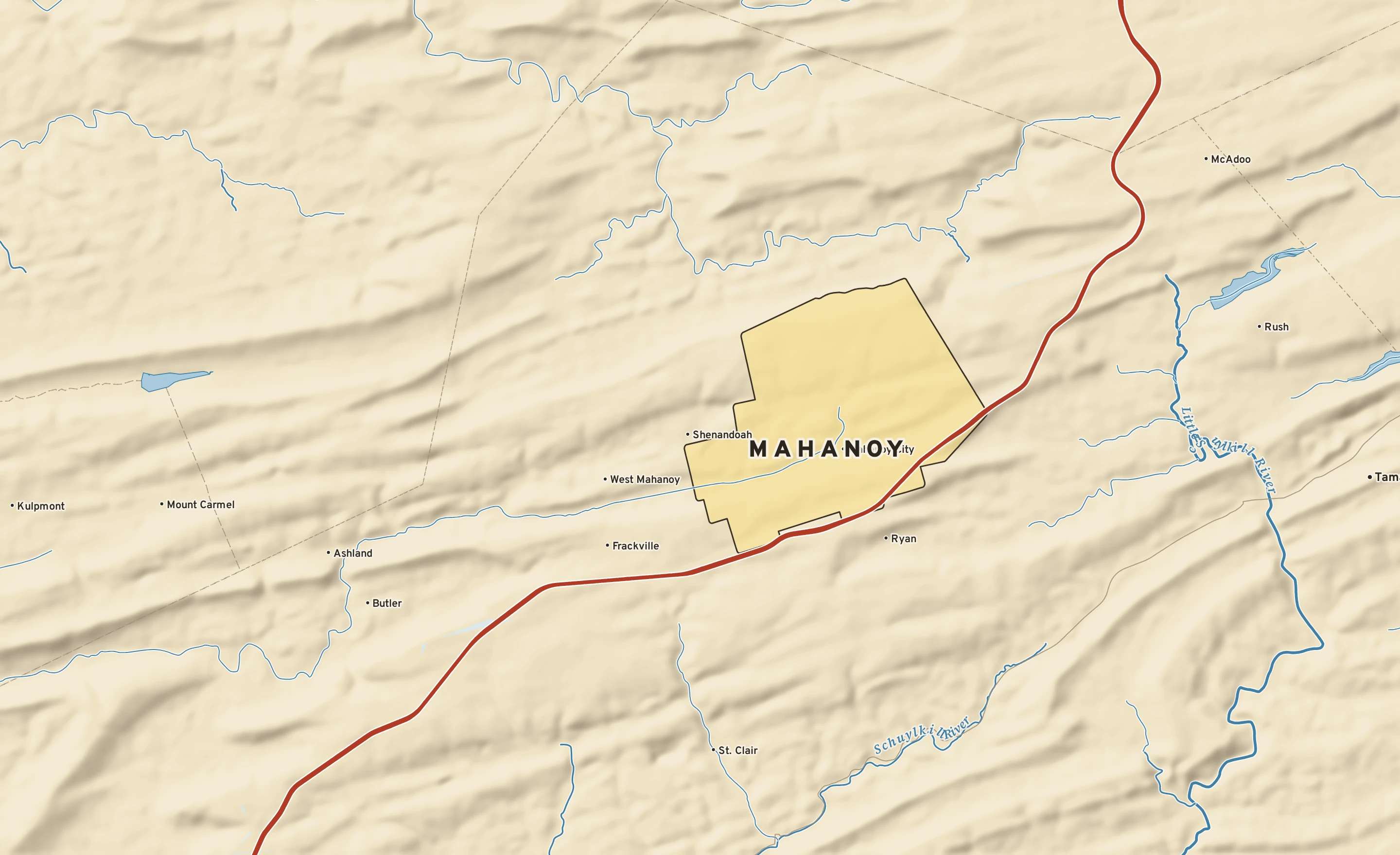 Shaded-relief atlas plate of Mahanoy, Pennsylvania: rivers, roads, the city limits and where the water drains.