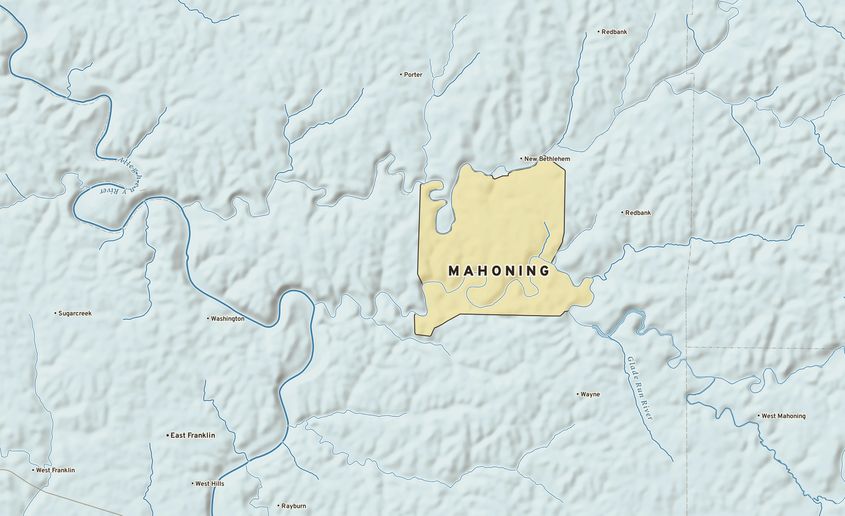 Shaded-relief atlas plate of Mahoning, Pennsylvania: rivers, roads, the city limits and where the water drains.