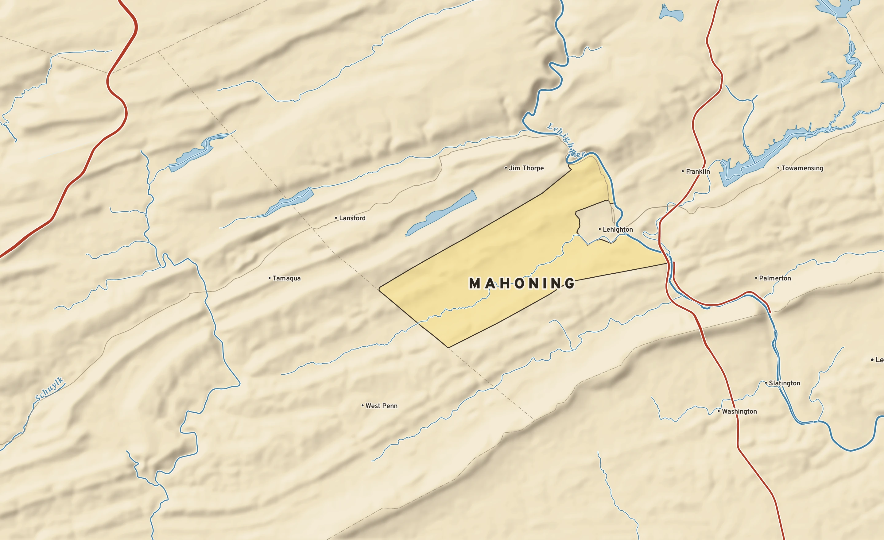 Shaded-relief atlas plate of Mahoning, Pennsylvania: rivers, roads, the city limits and where the water drains.