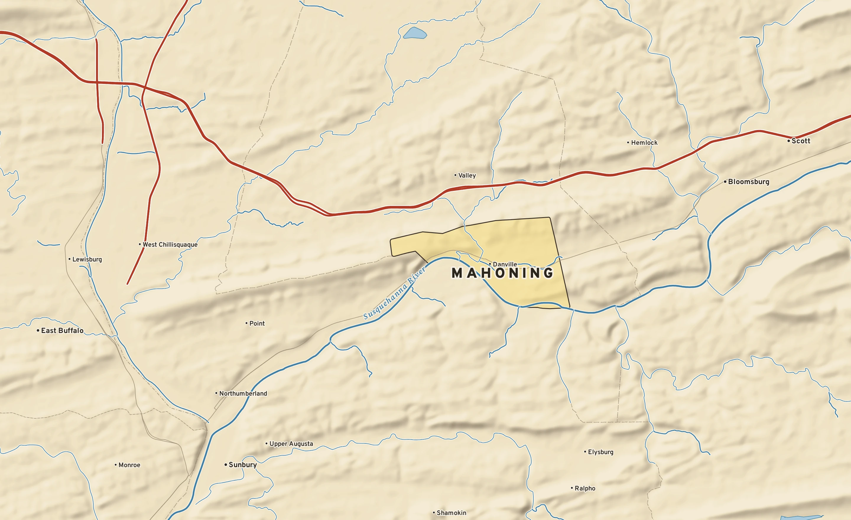 Shaded-relief atlas plate of Mahoning, Pennsylvania: rivers, roads, the city limits and where the water drains.