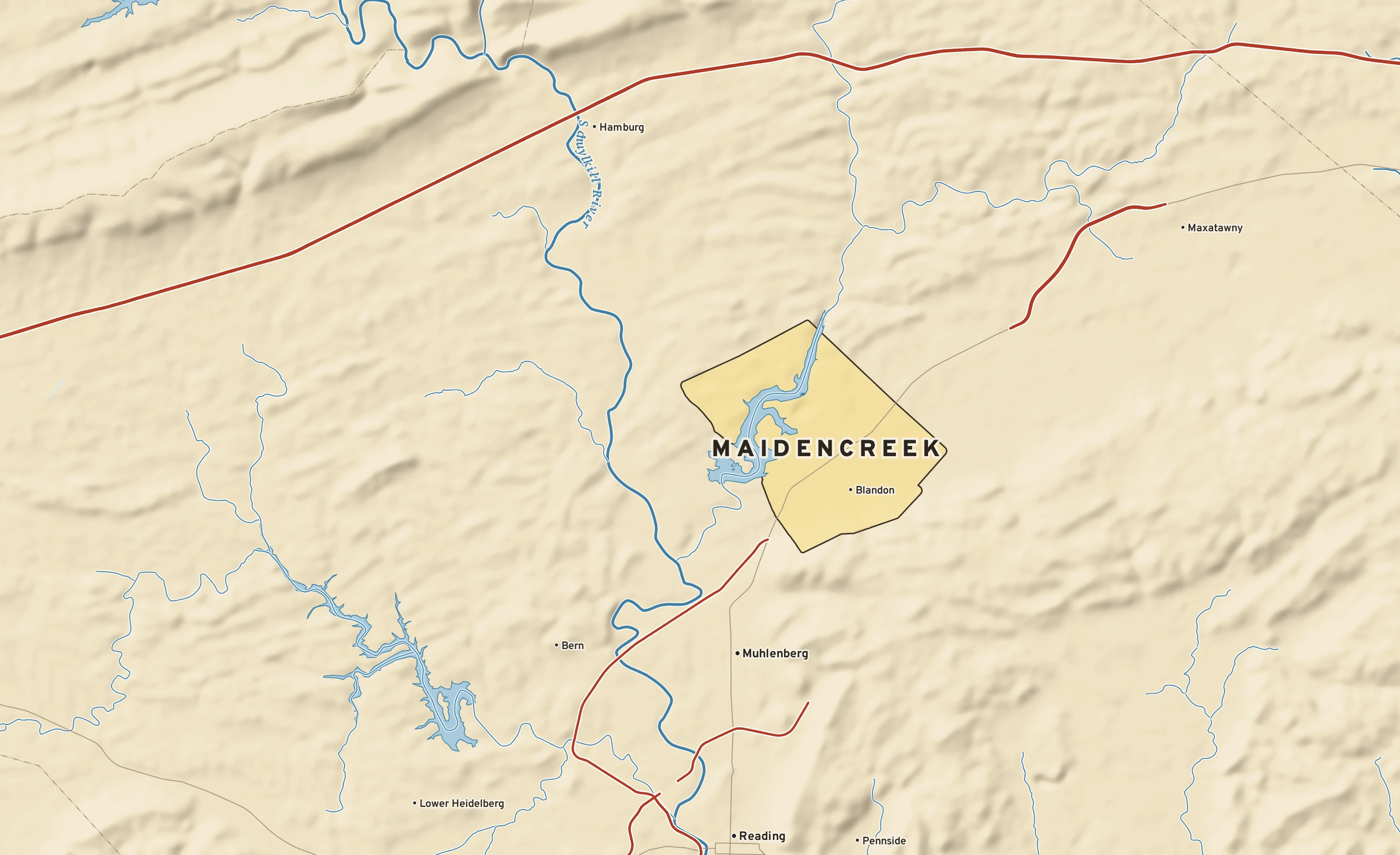 Shaded-relief atlas plate of Maidencreek, Pennsylvania: rivers, roads, the city limits and where the water drains.