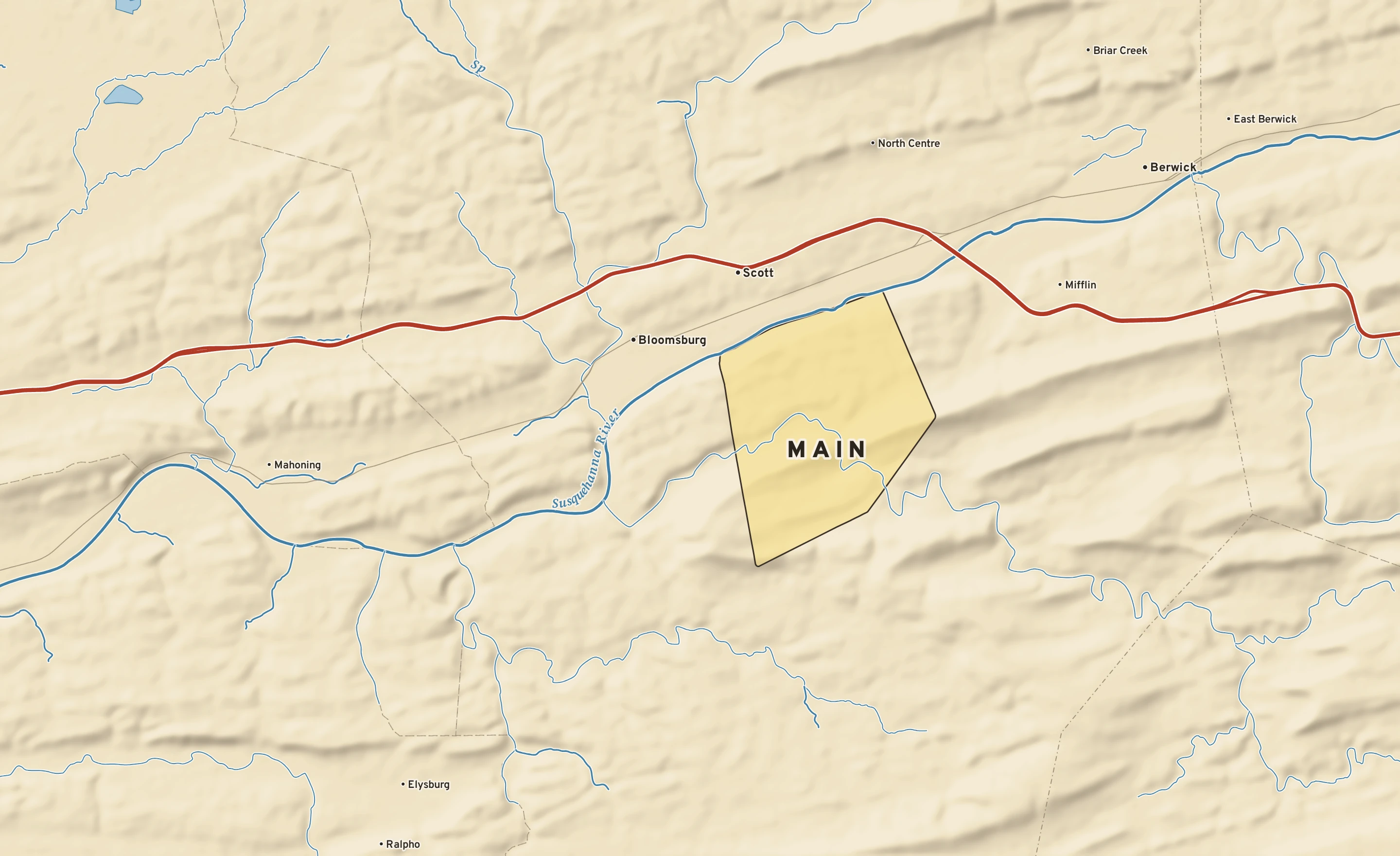 Shaded-relief atlas plate of Main, Pennsylvania: rivers, roads, the city limits and where the water drains.