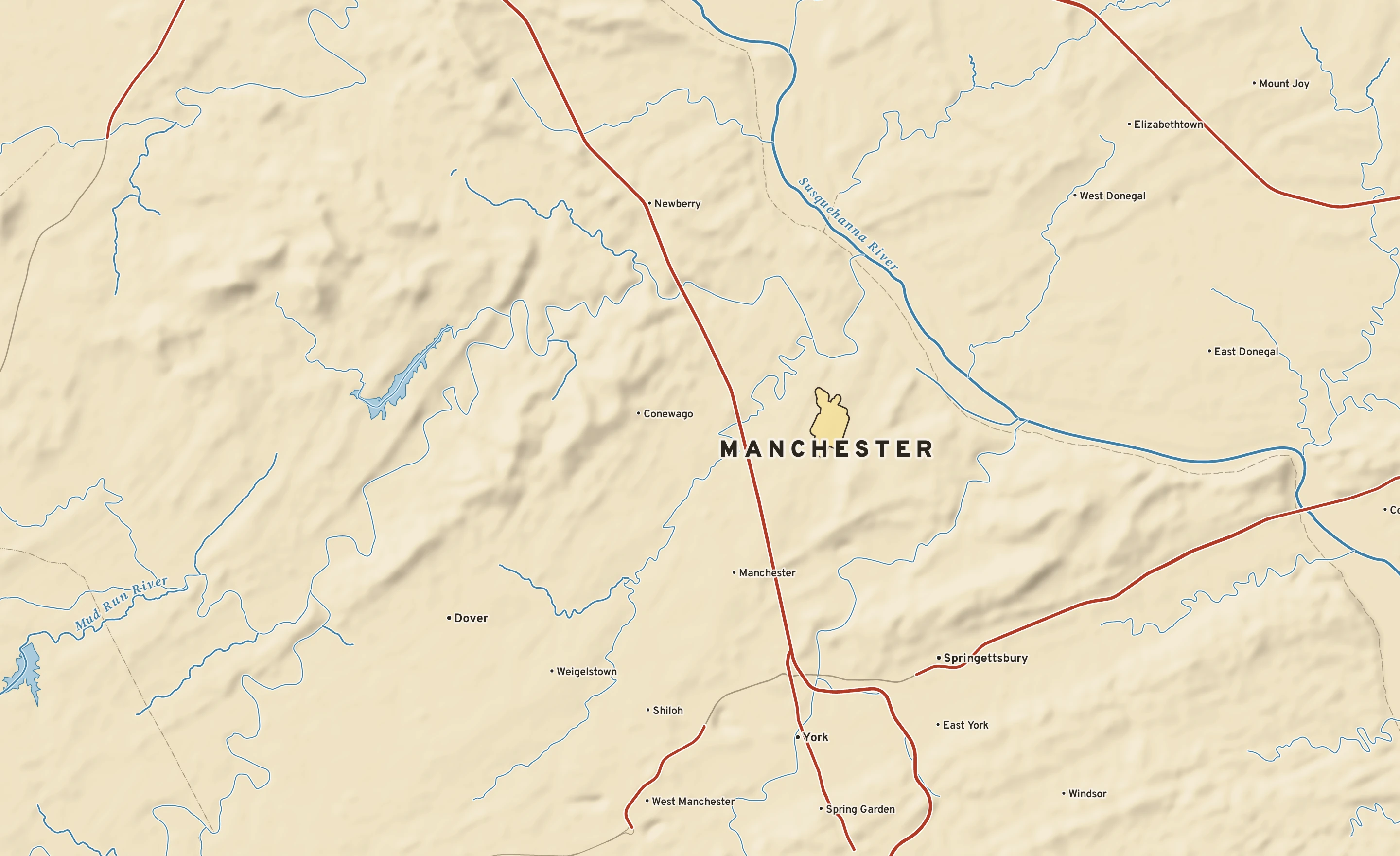 Shaded-relief atlas plate of Manchester, Pennsylvania: rivers, roads, the city limits and where the water drains.