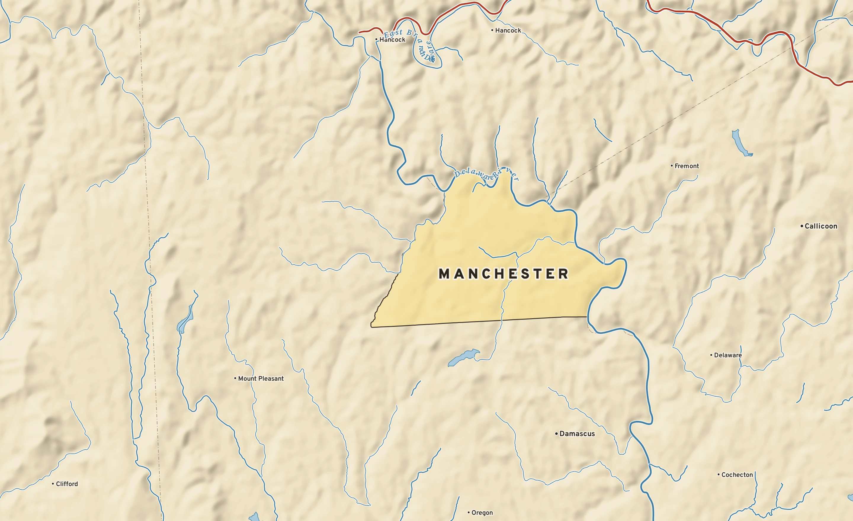 Shaded-relief atlas plate of Manchester, Pennsylvania: rivers, roads, the city limits and where the water drains.
