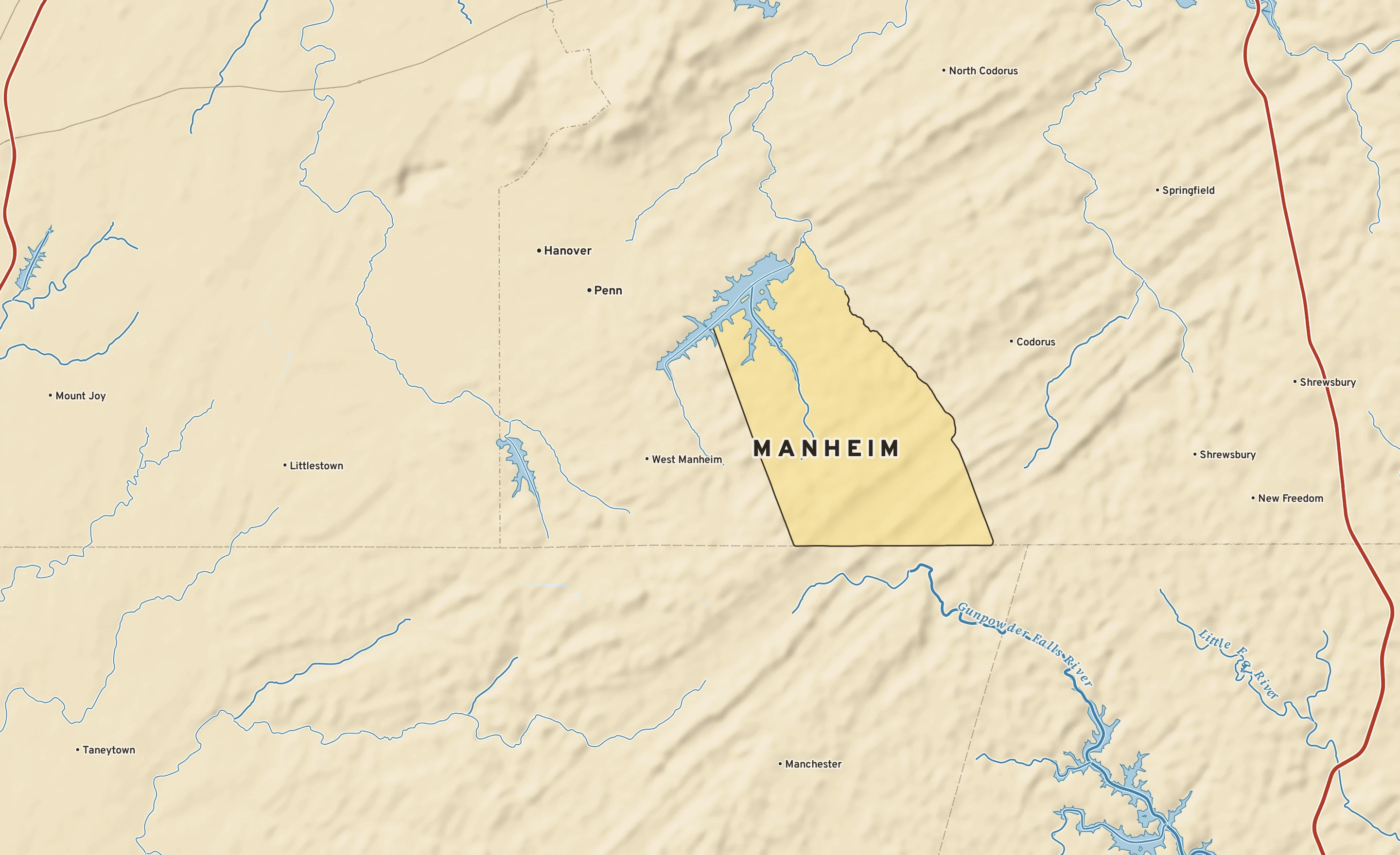 Shaded-relief atlas plate of Manheim, Pennsylvania: rivers, roads, the city limits and where the water drains.