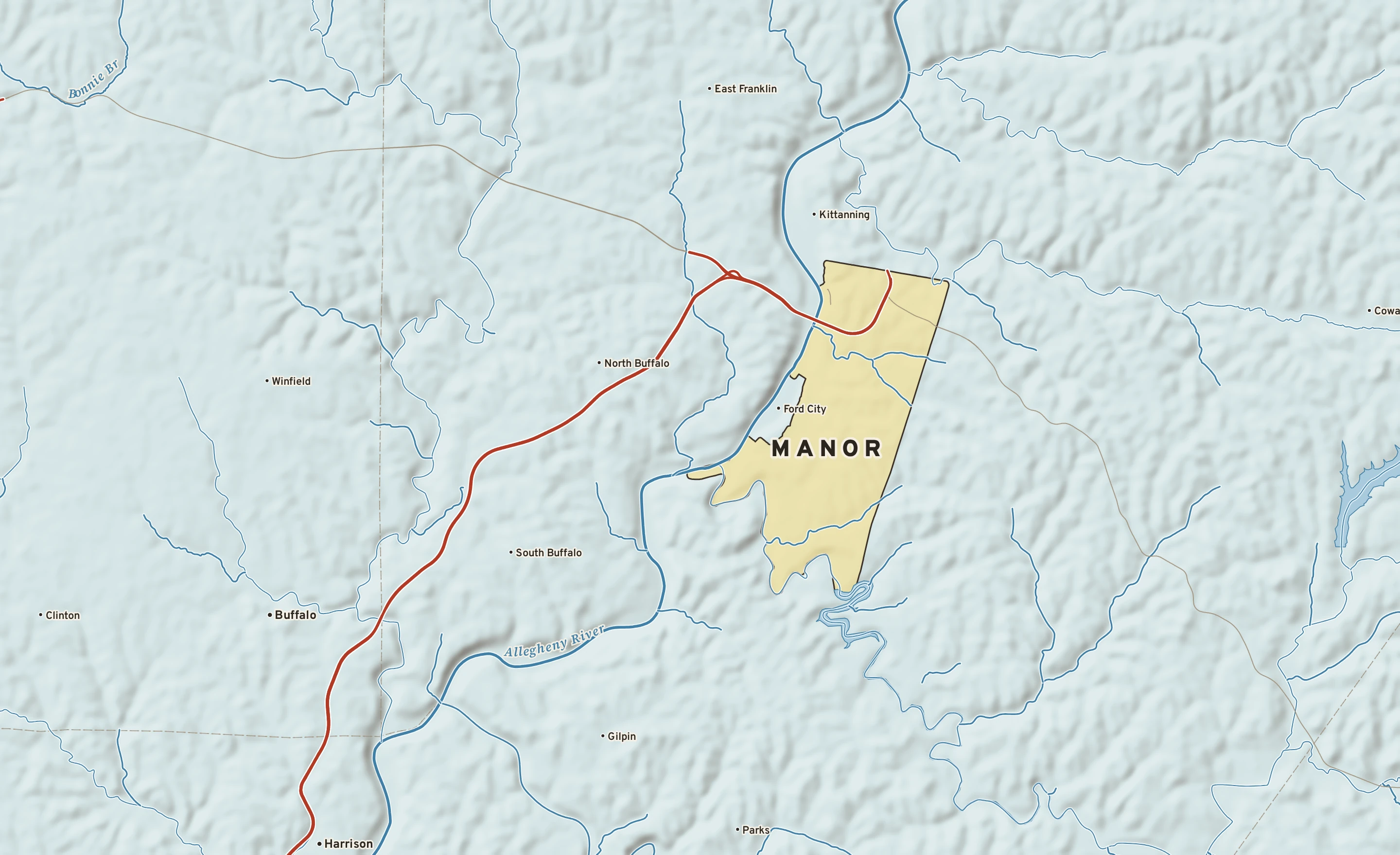 Shaded-relief atlas plate of Manor, Pennsylvania: rivers, roads, the city limits and where the water drains.