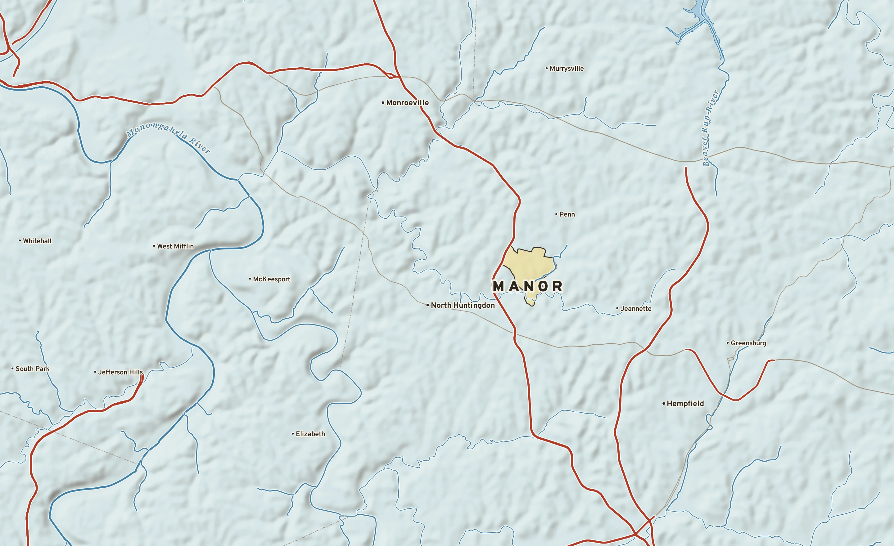 Shaded-relief atlas plate of Manor, Pennsylvania: rivers, roads, the city limits and where the water drains.