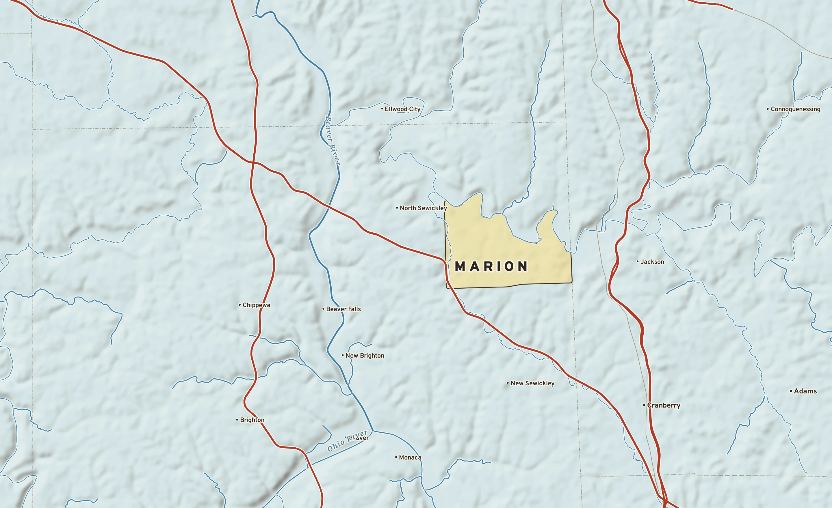 Shaded-relief atlas plate of Marion, Pennsylvania: rivers, roads, the city limits and where the water drains.