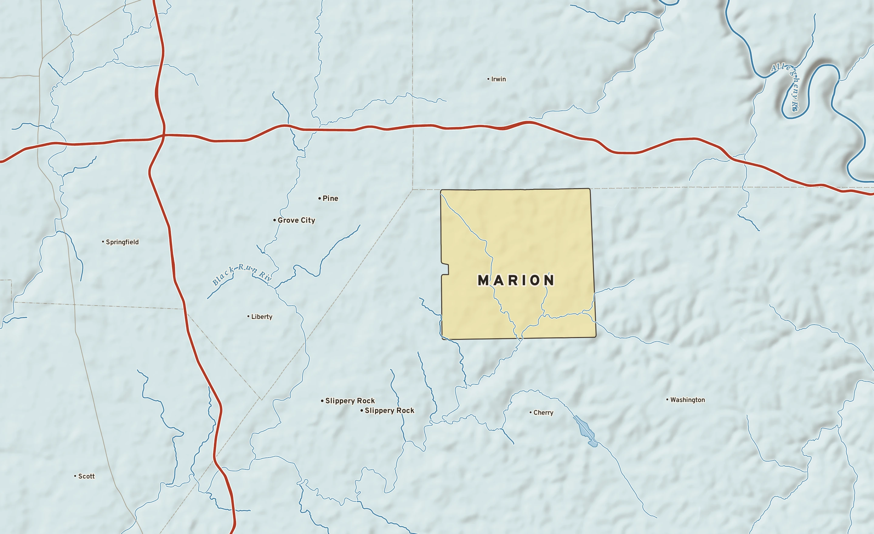 Shaded-relief atlas plate of Marion, Pennsylvania: rivers, roads, the city limits and where the water drains.