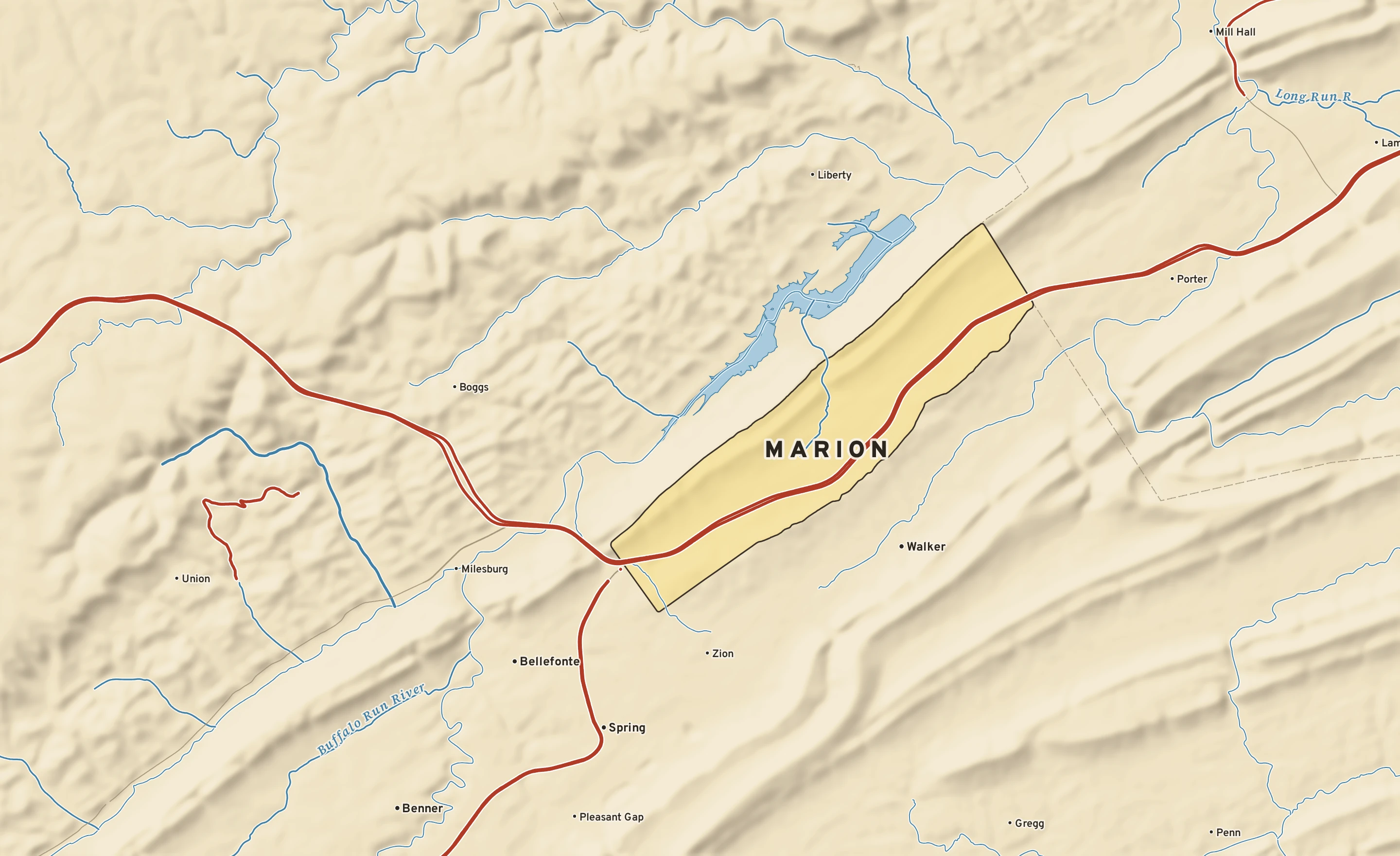 Shaded-relief atlas plate of Marion, Pennsylvania: rivers, roads, the city limits and where the water drains.