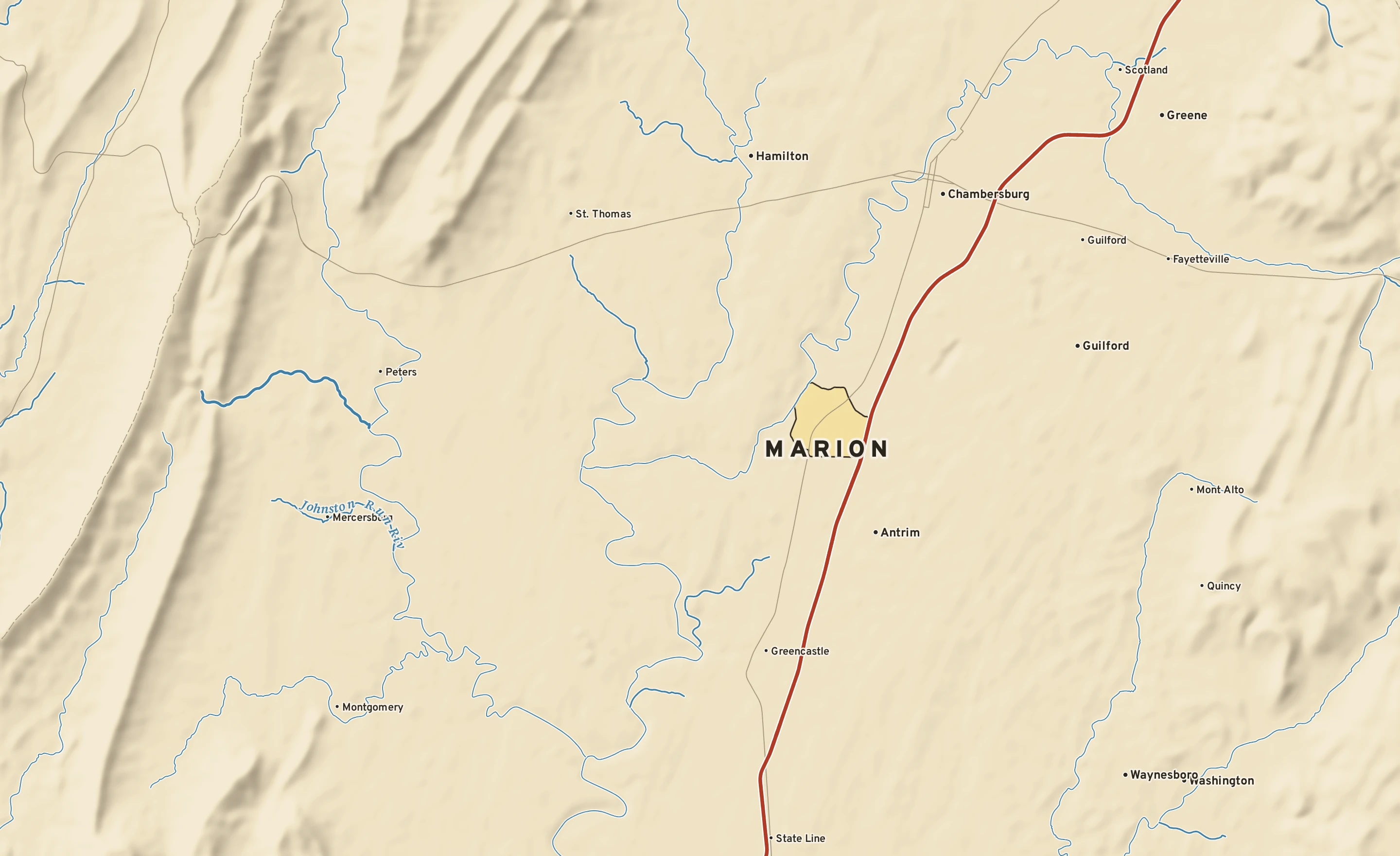Shaded-relief atlas plate of Marion, Pennsylvania: rivers, roads, the city limits and where the water drains.