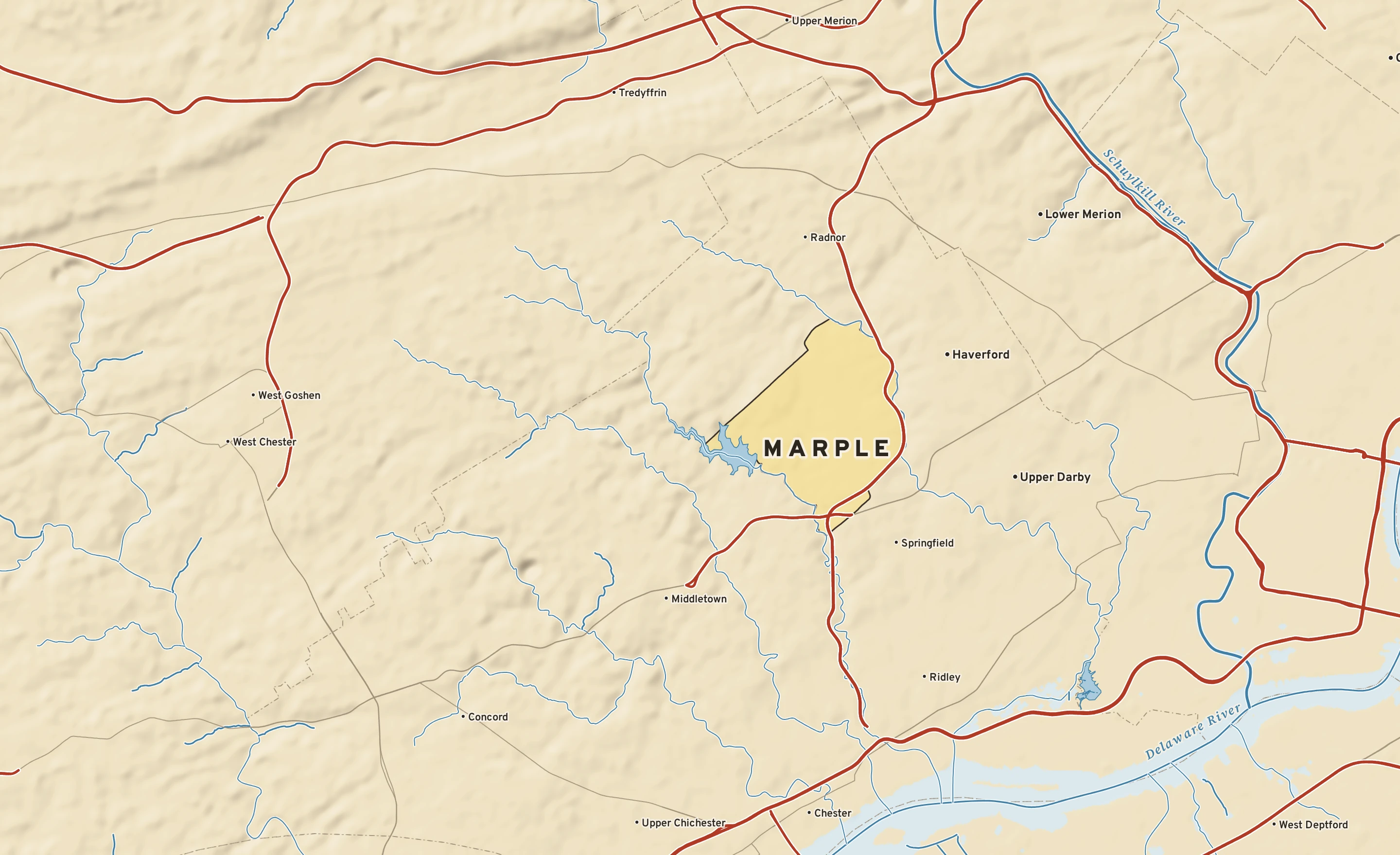 Shaded-relief atlas plate of Marple, Pennsylvania: rivers, roads, the city limits and where the water drains.