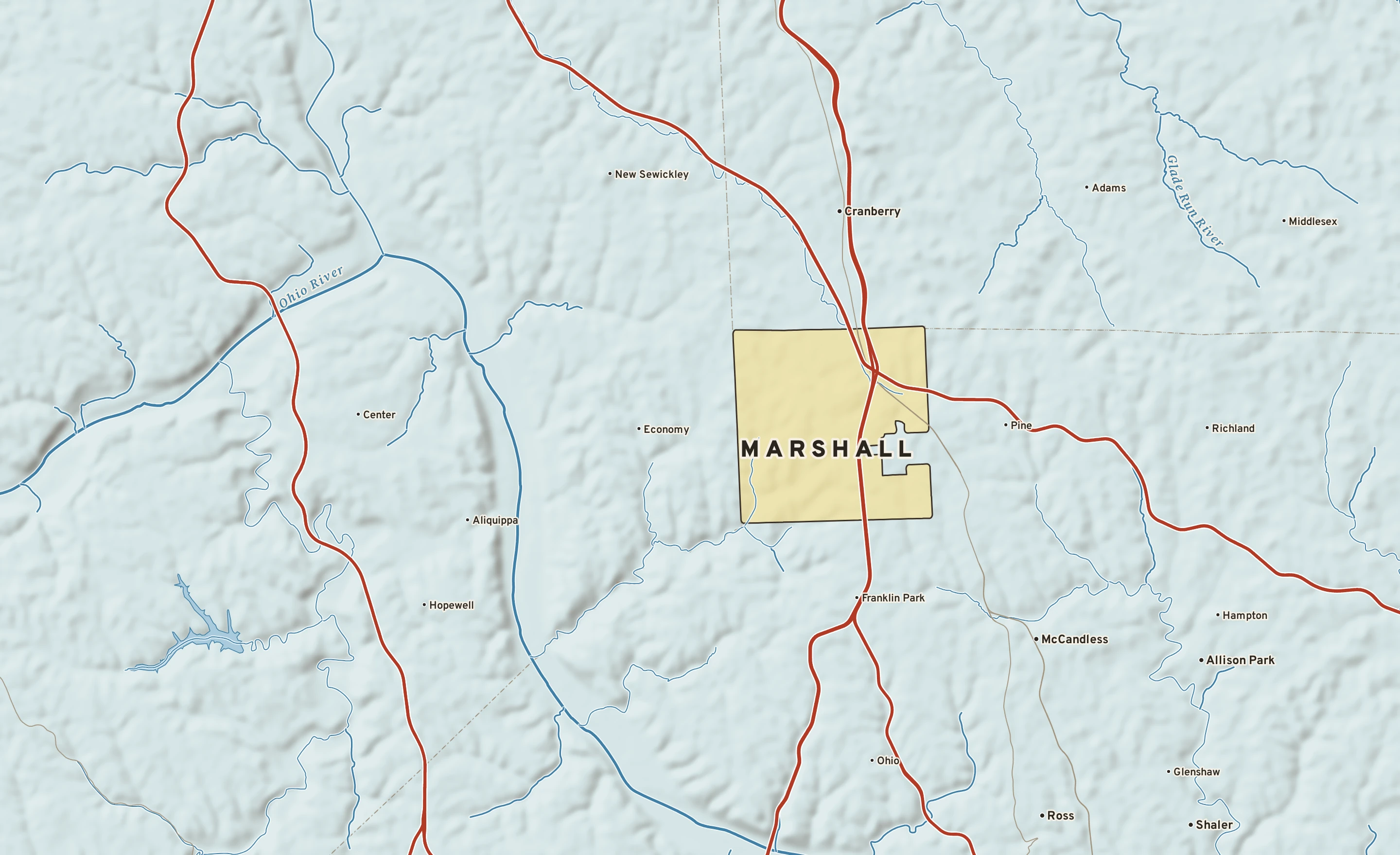 Shaded-relief atlas plate of Marshall, Pennsylvania: rivers, roads, the city limits and where the water drains.