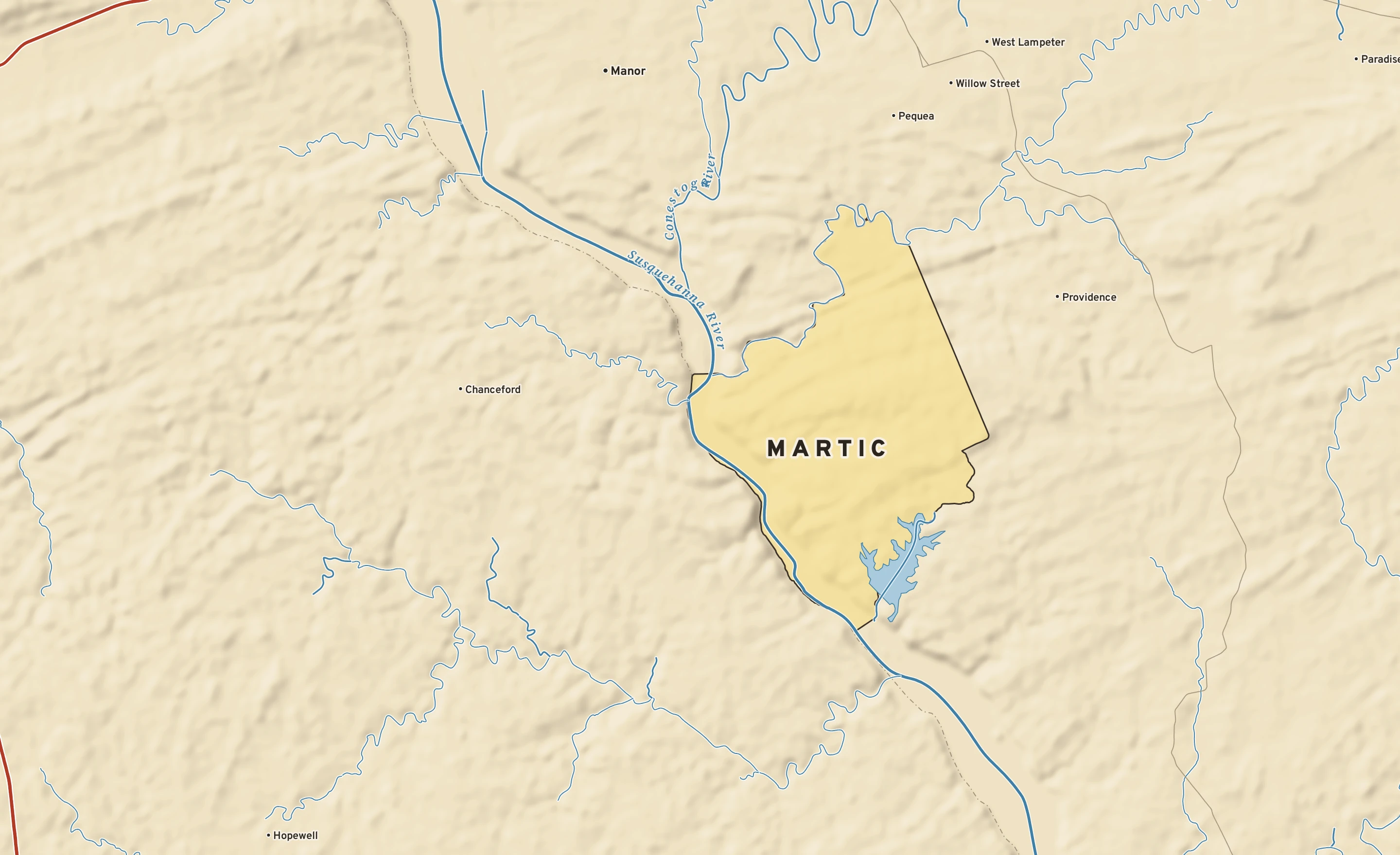 Shaded-relief atlas plate of Martic, Pennsylvania: rivers, roads, the city limits and where the water drains.