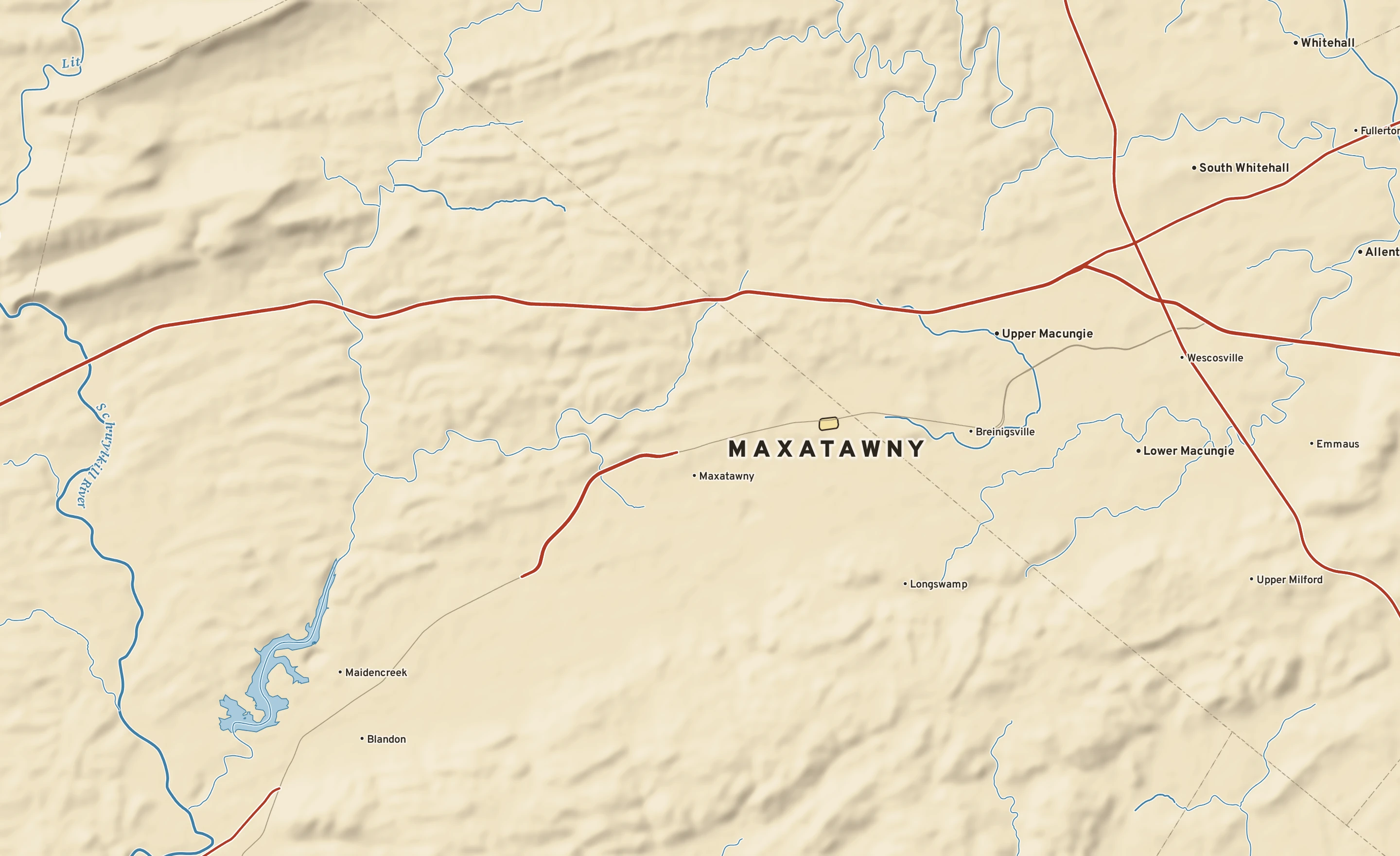 Shaded-relief atlas plate of Maxatawny, Pennsylvania: rivers, roads, the city limits and where the water drains.