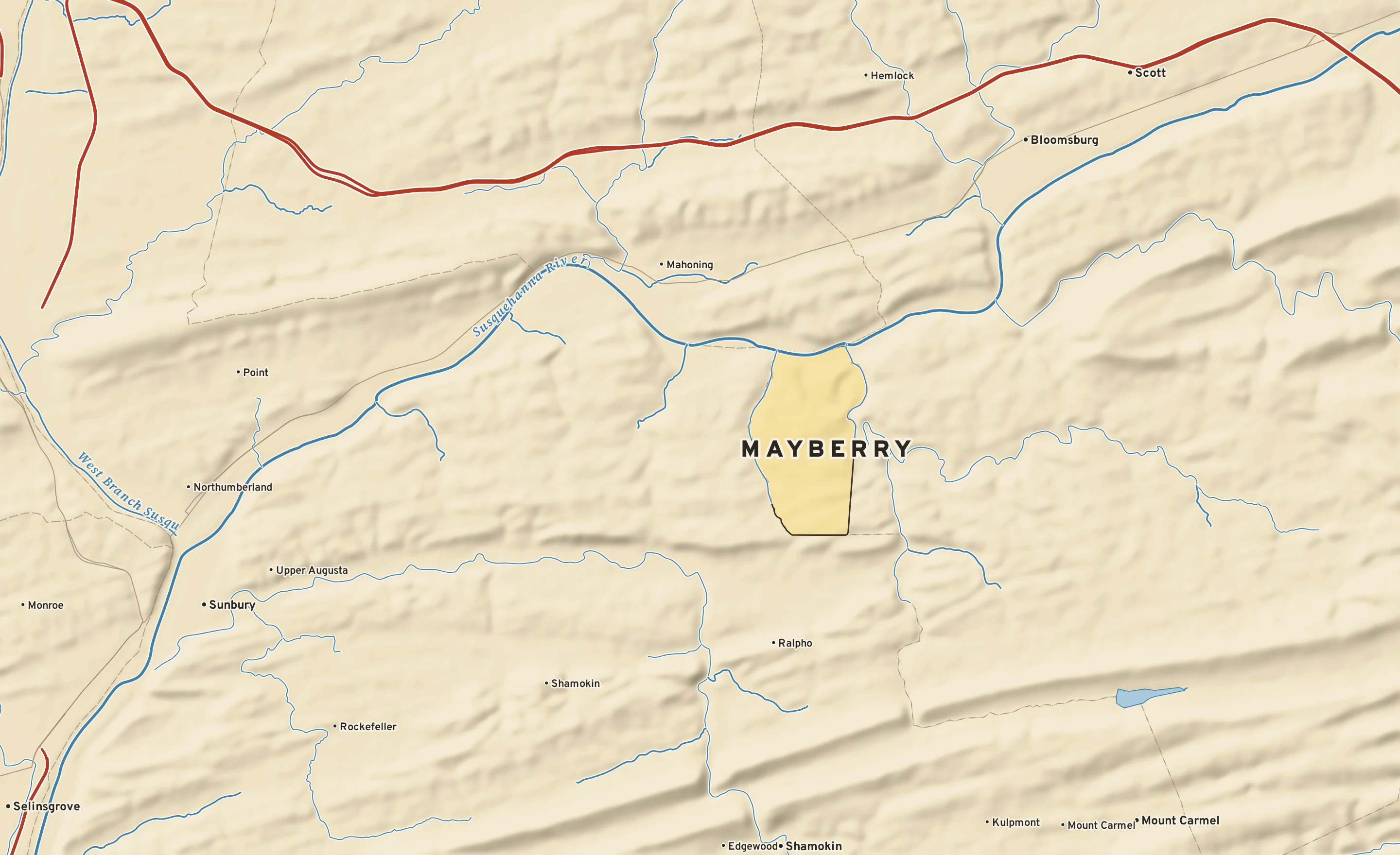 Shaded-relief atlas plate of Mayberry, Pennsylvania: rivers, roads, the city limits and where the water drains.