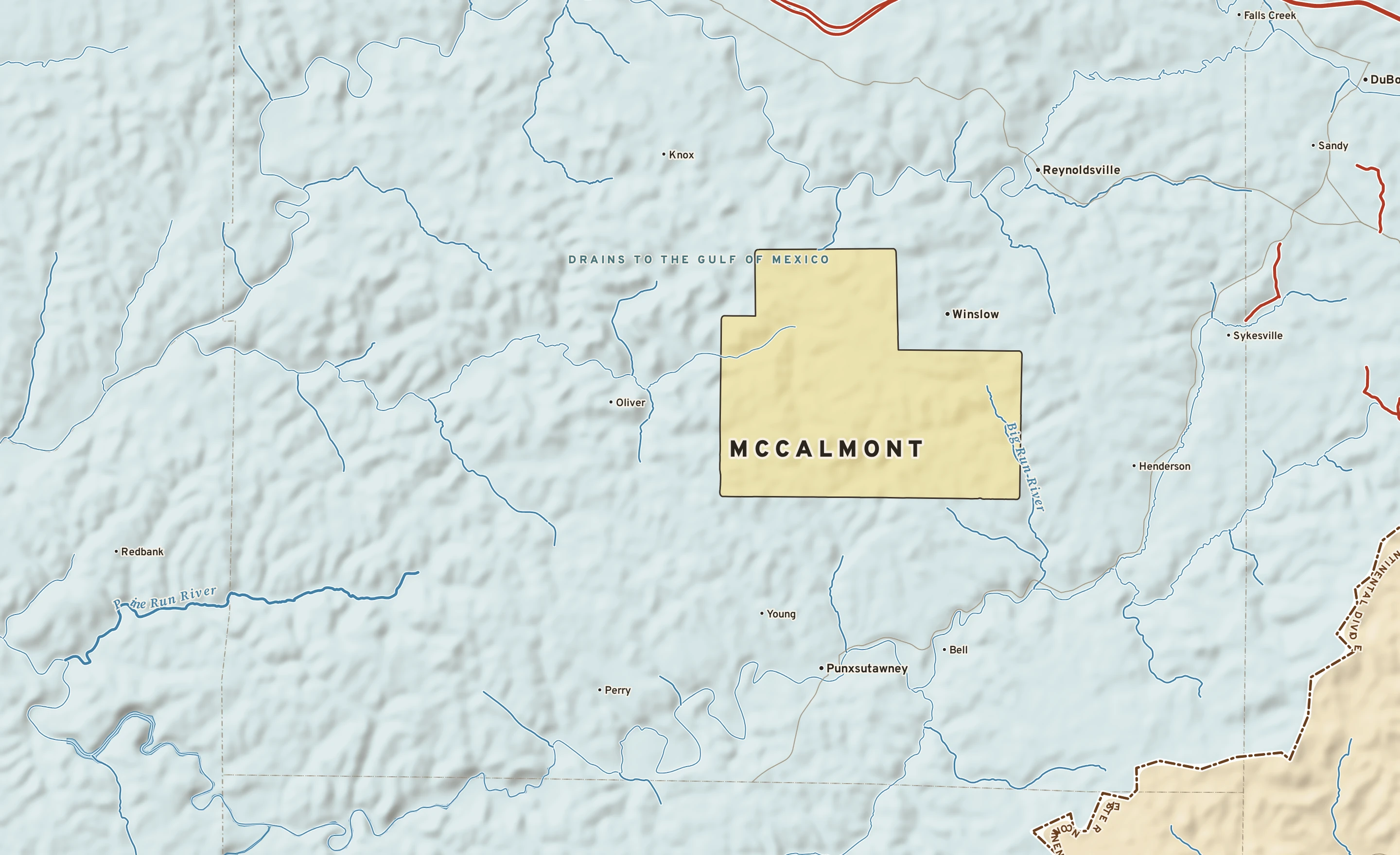 Shaded-relief atlas plate of McCalmont, Pennsylvania: rivers, roads, the city limits and where the water drains.