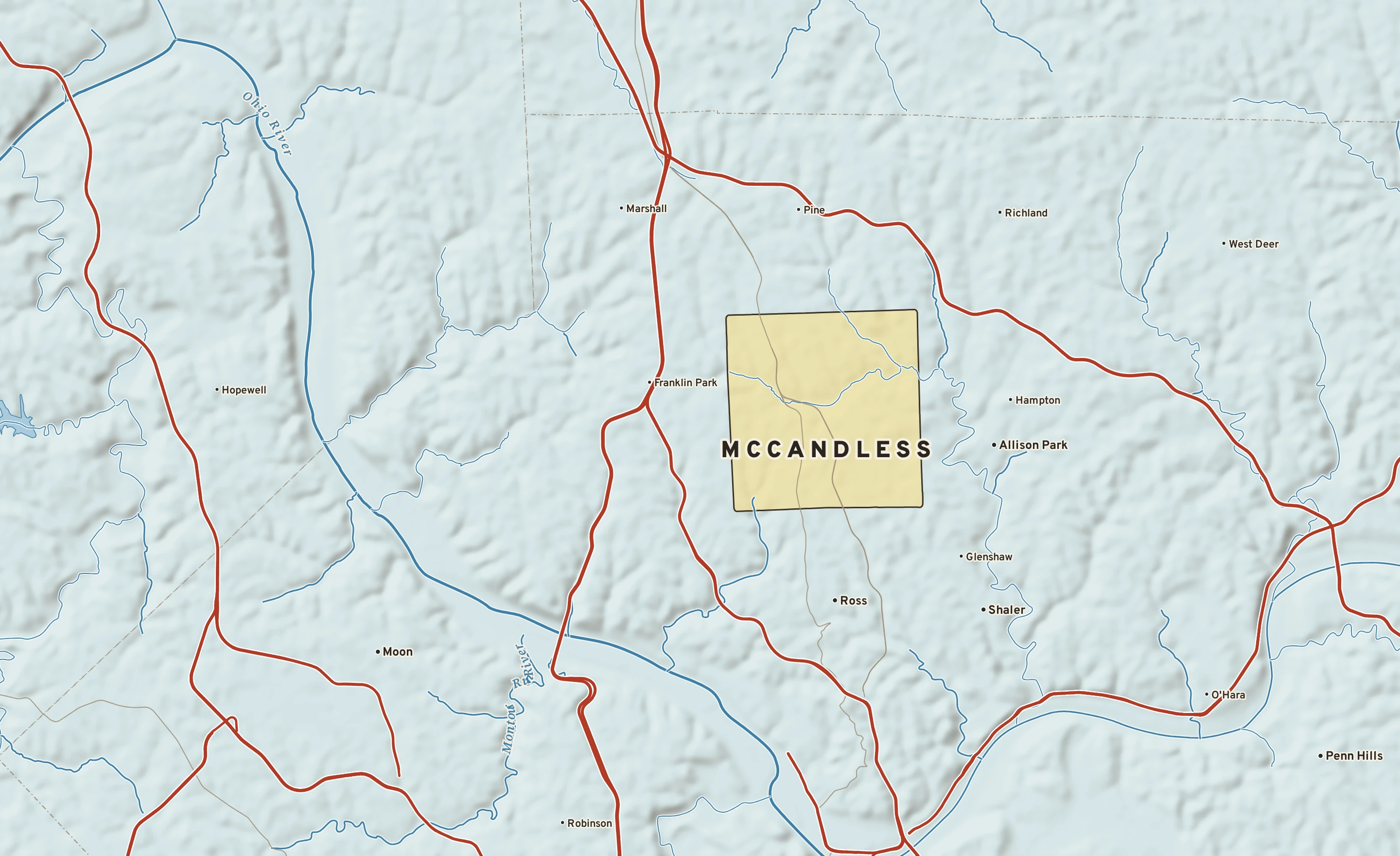 Shaded-relief atlas plate of McCandless, Pennsylvania: rivers, roads, the city limits and where the water drains.