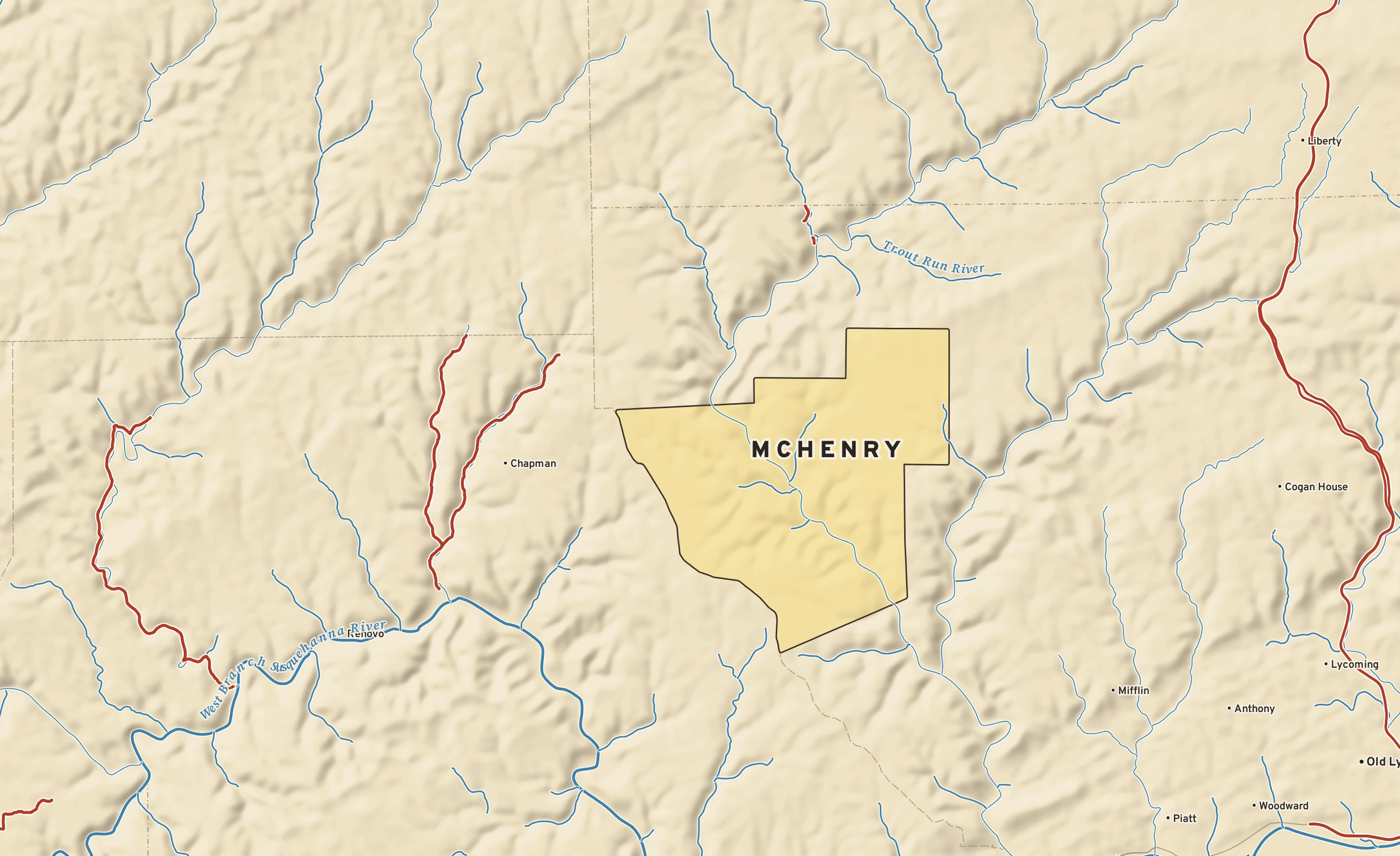 Shaded-relief atlas plate of McHenry, Pennsylvania: rivers, roads, the city limits and where the water drains.