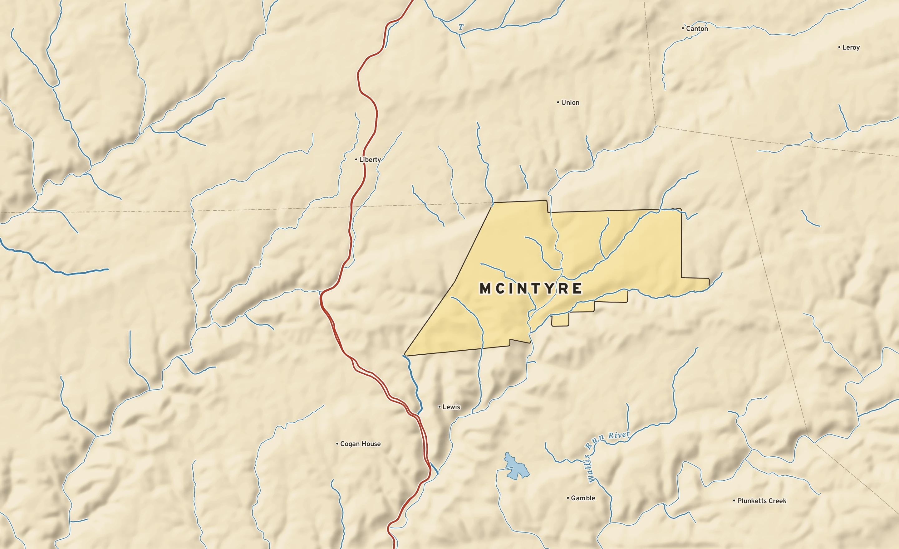 Shaded-relief atlas plate of McIntyre, Pennsylvania: rivers, roads, the city limits and where the water drains.