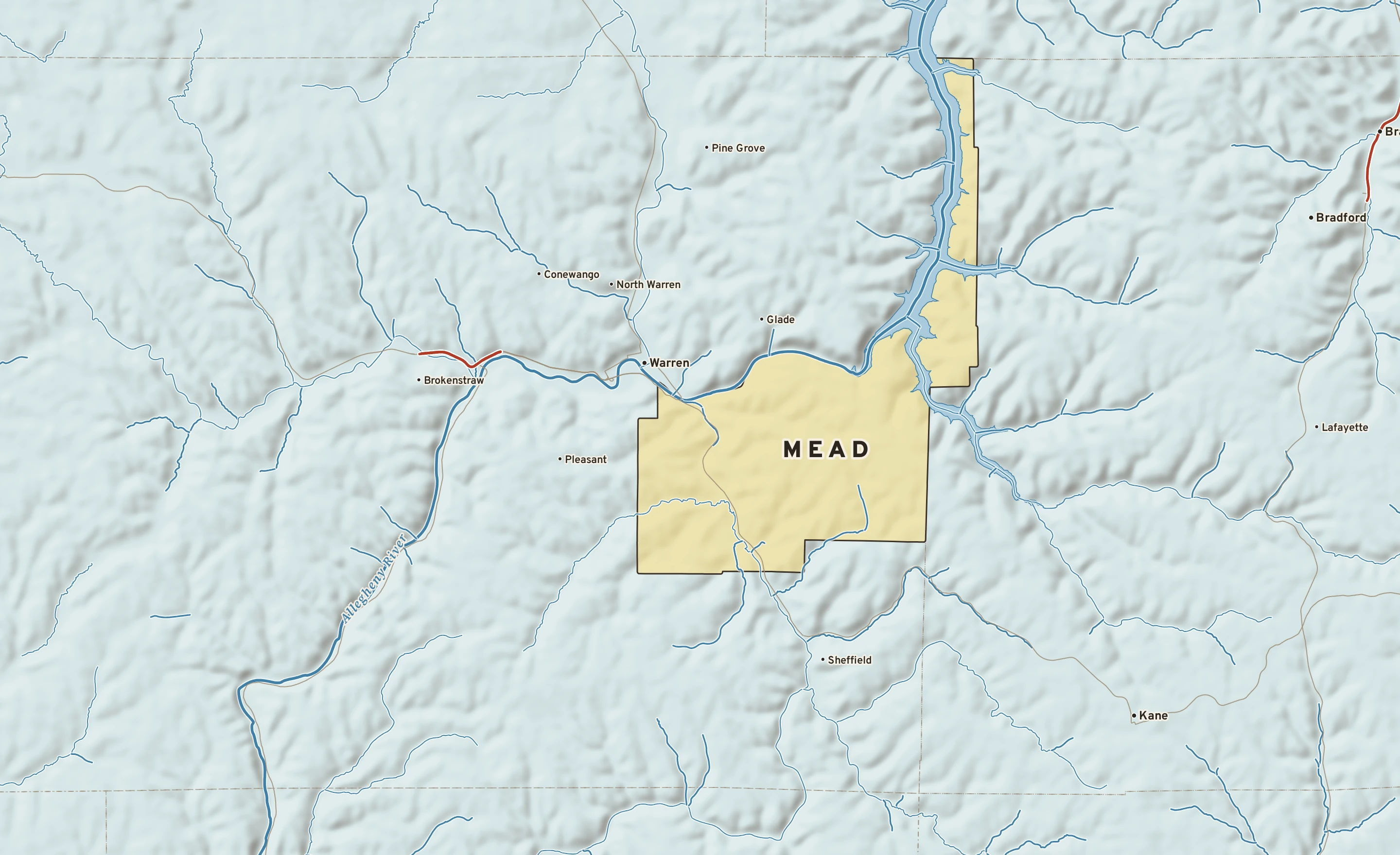 Shaded-relief atlas plate of Mead, Pennsylvania: rivers, roads, the city limits and where the water drains.