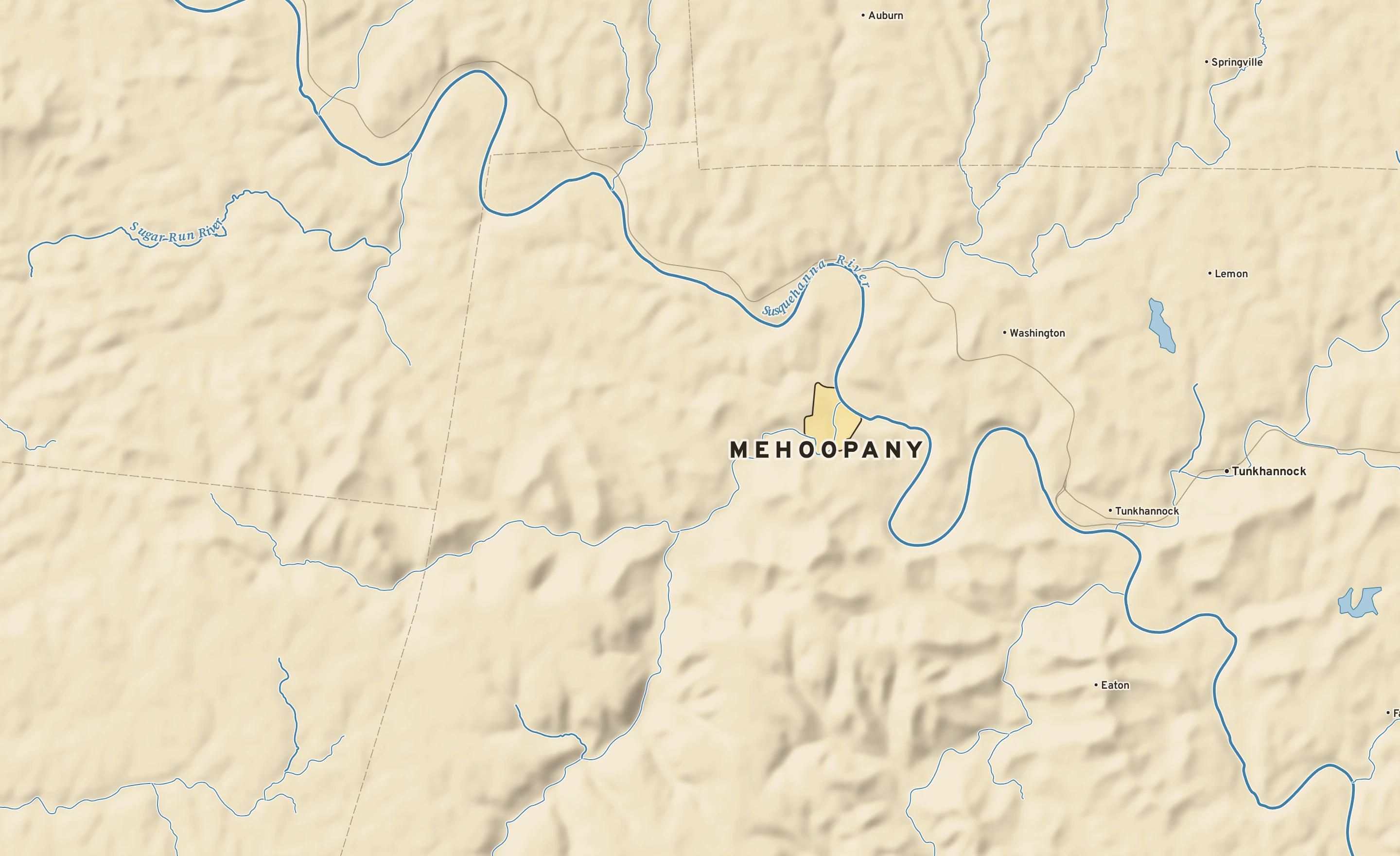 Shaded-relief atlas plate of Mehoopany, Pennsylvania: rivers, roads, the city limits and where the water drains.