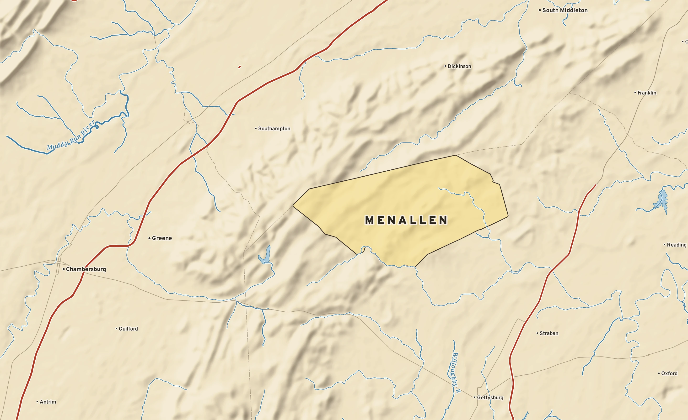 Shaded-relief atlas plate of Menallen, Pennsylvania: rivers, roads, the city limits and where the water drains.