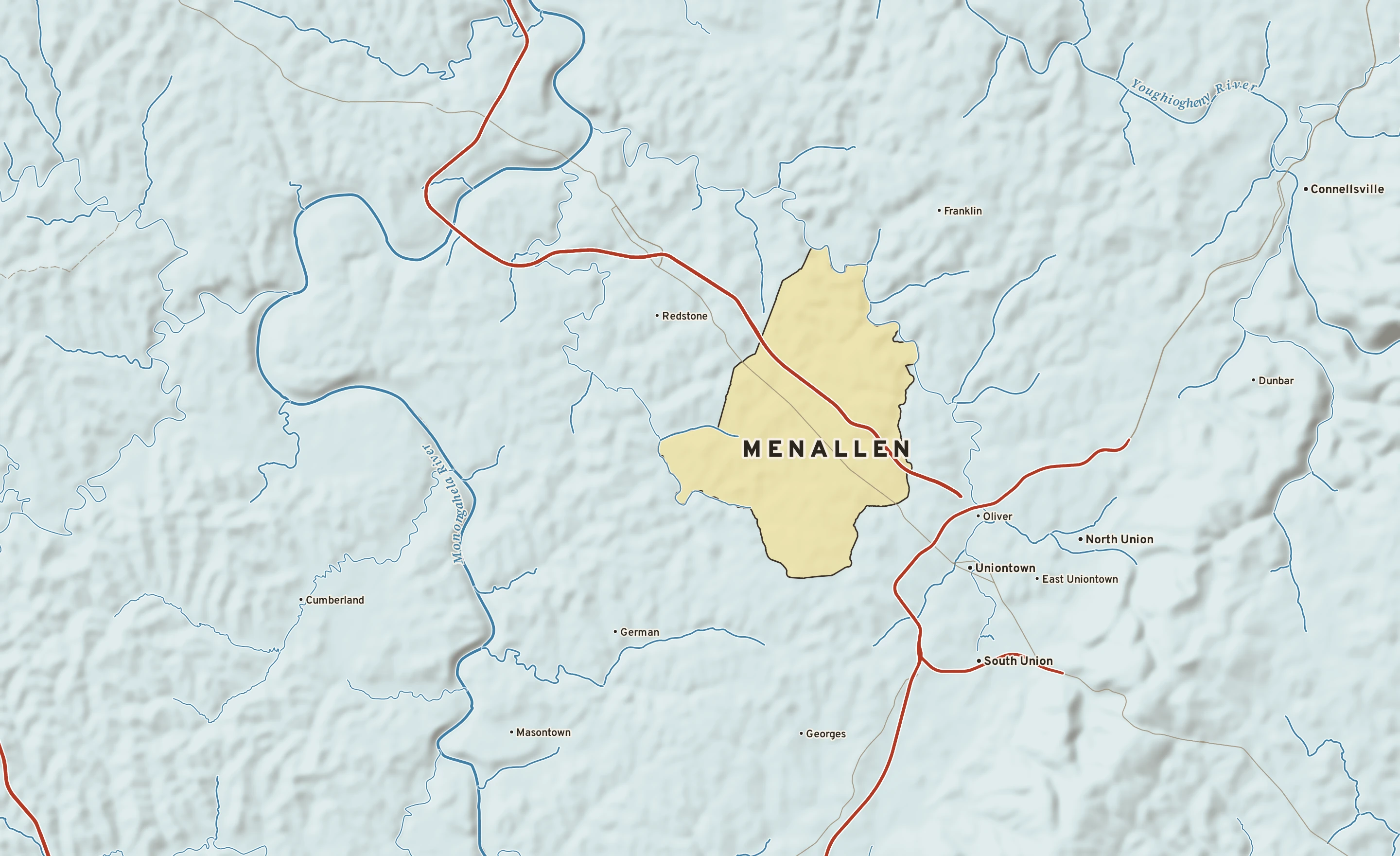 Shaded-relief atlas plate of Menallen, Pennsylvania: rivers, roads, the city limits and where the water drains.