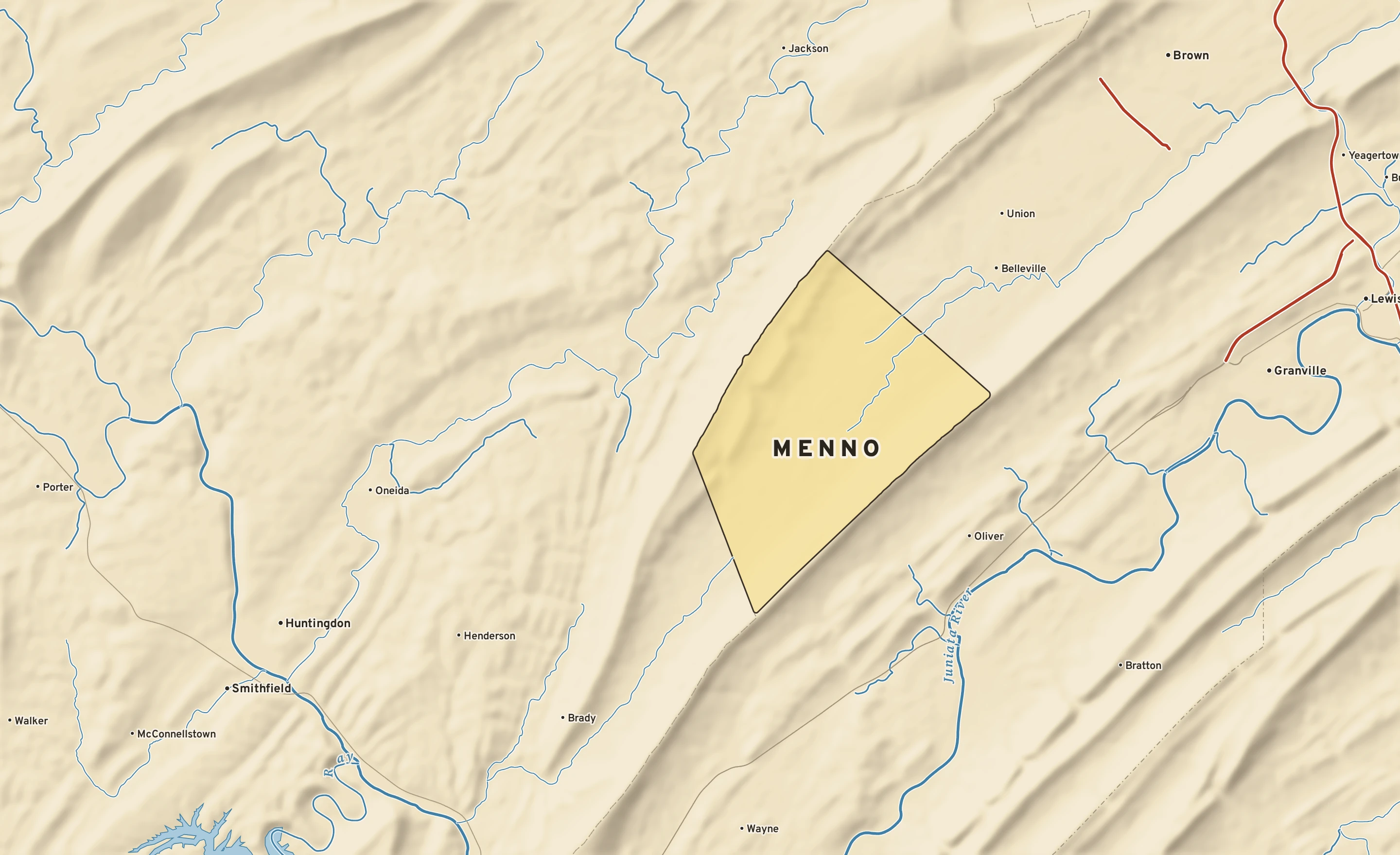 Shaded-relief atlas plate of Menno, Pennsylvania: rivers, roads, the city limits and where the water drains.
