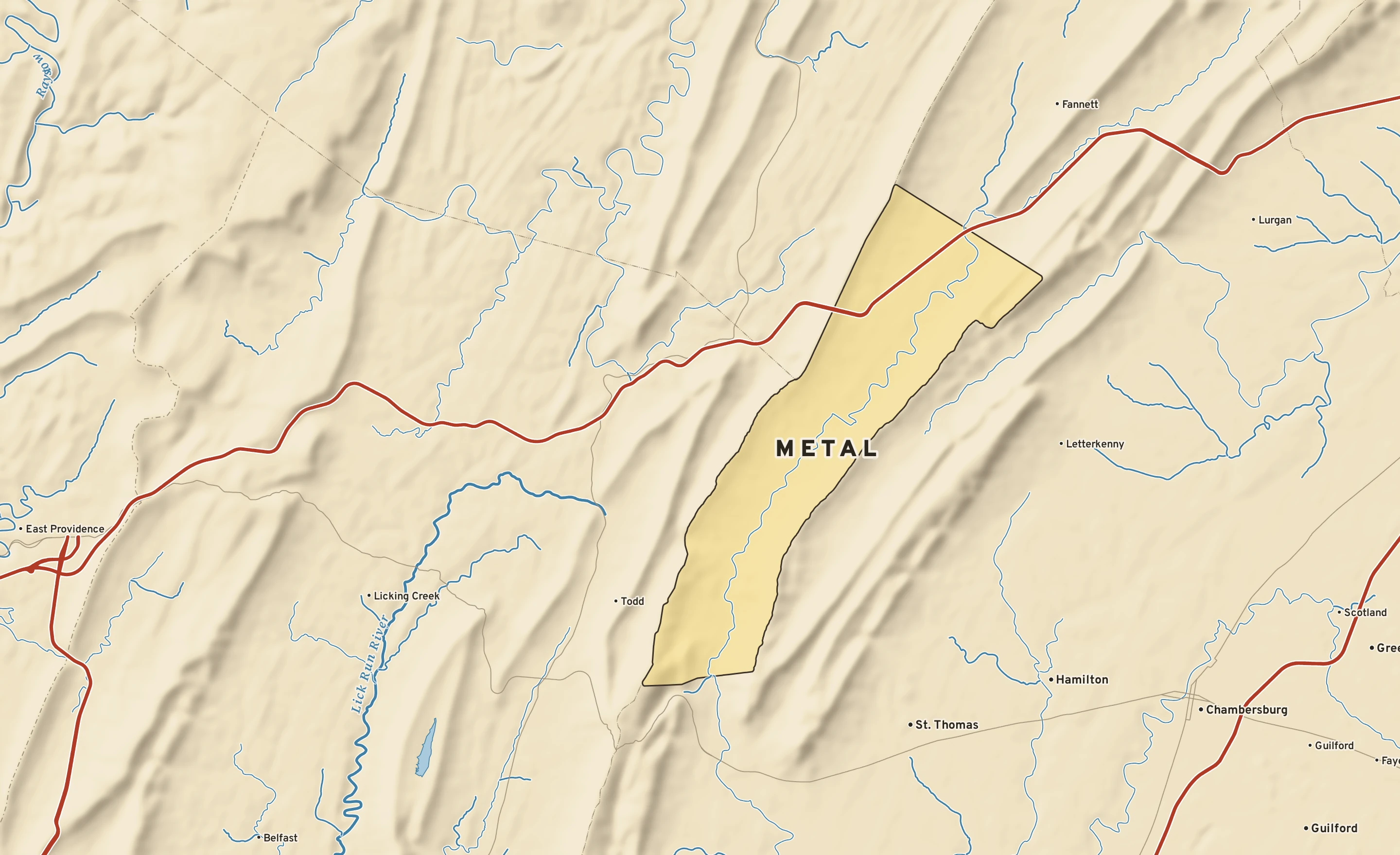 Shaded-relief atlas plate of Metal, Pennsylvania: rivers, roads, the city limits and where the water drains.
