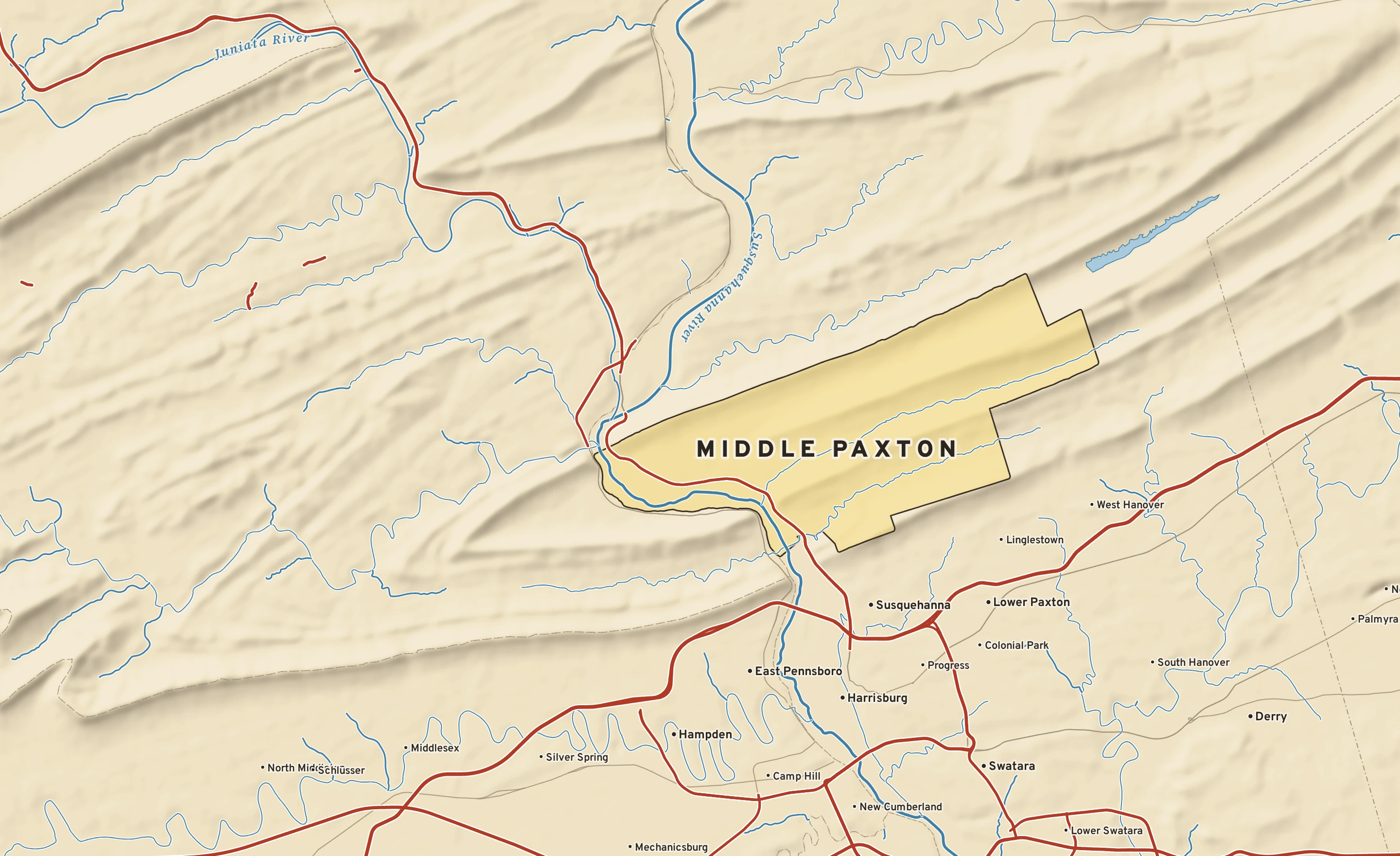 Shaded-relief atlas plate of Middle Paxton, Pennsylvania: rivers, roads, the city limits and where the water drains.