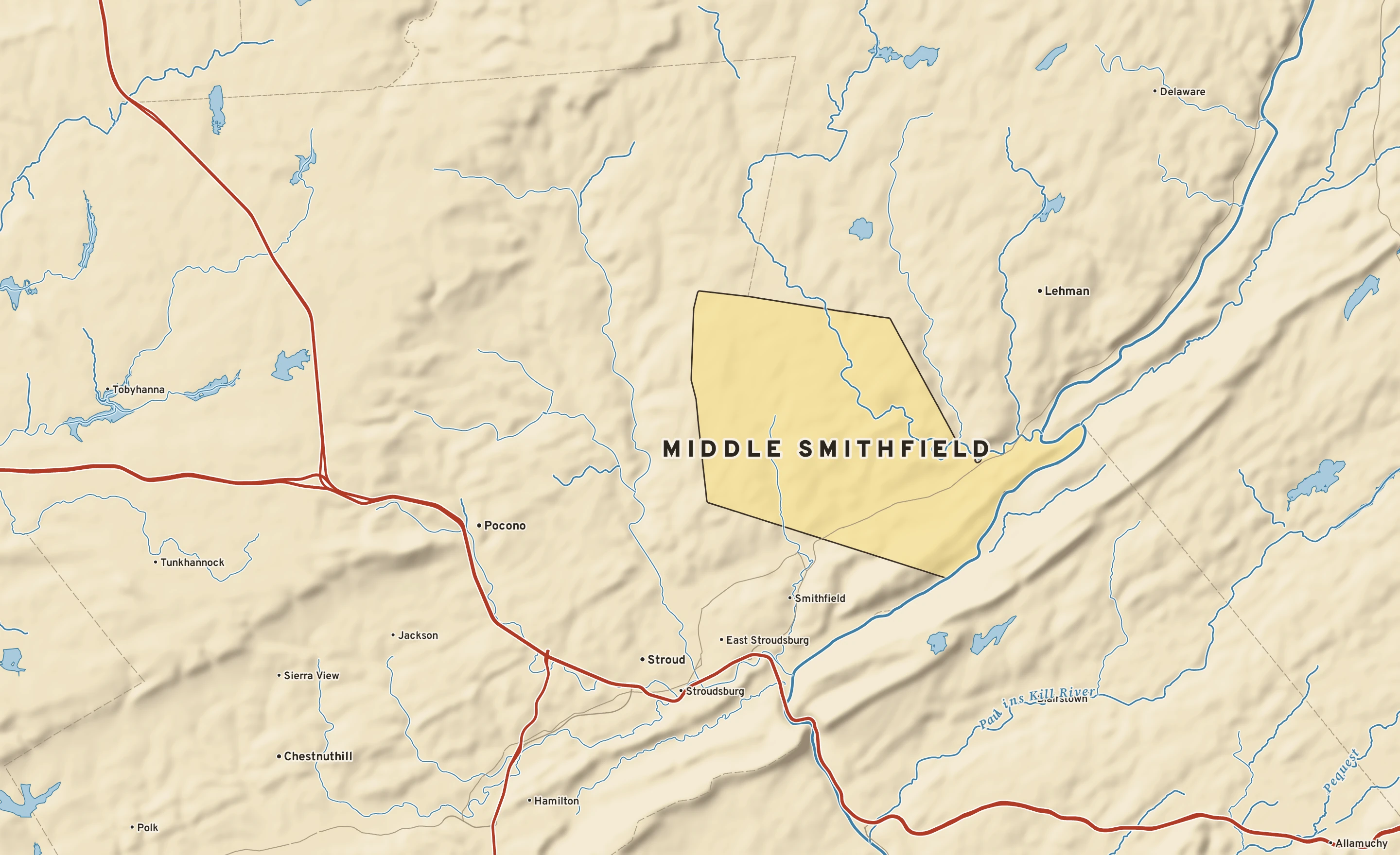 Shaded-relief atlas plate of Middle Smithfield, Pennsylvania: rivers, roads, the city limits and where the water drains.