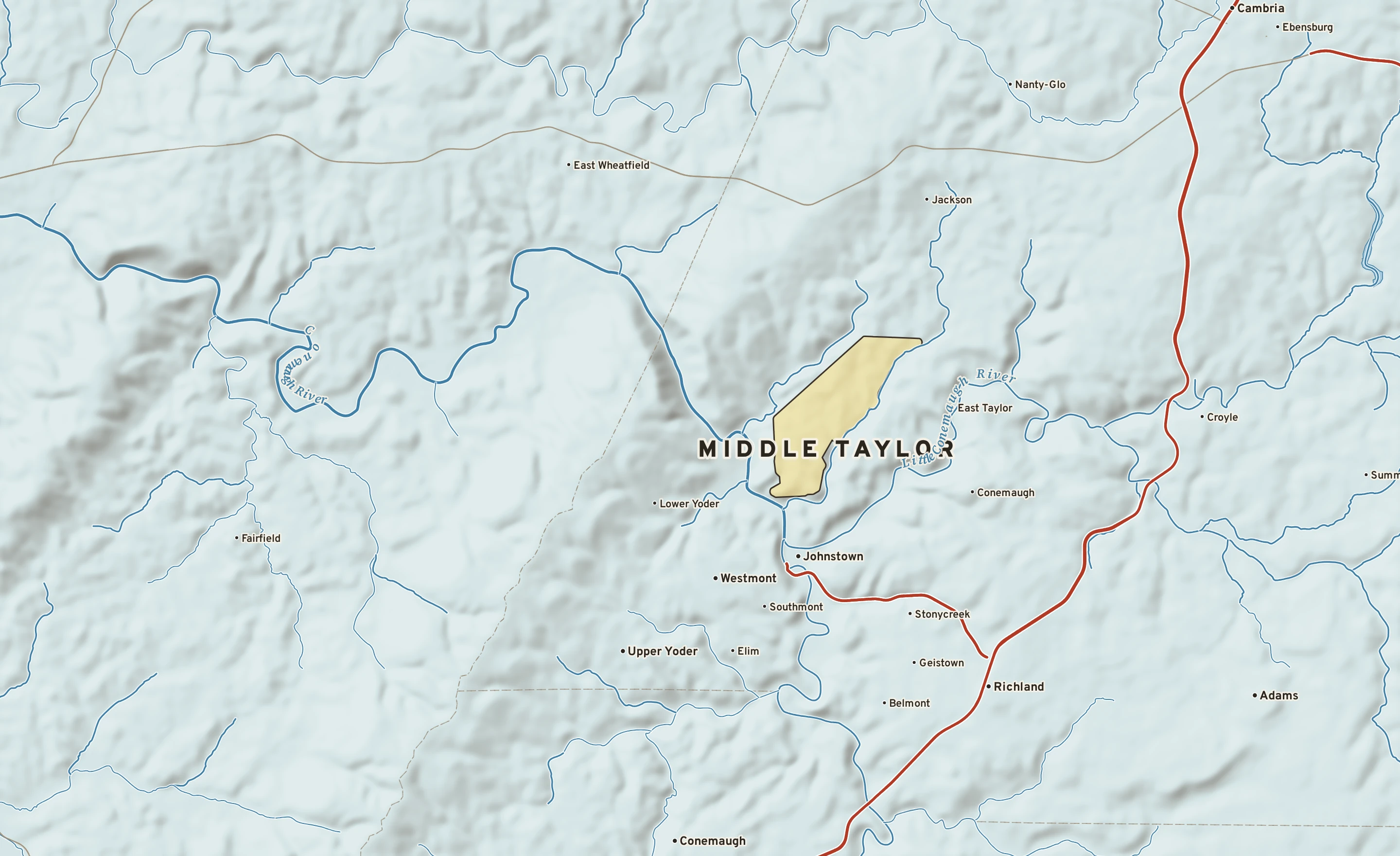 Shaded-relief atlas plate of Middle Taylor, Pennsylvania: rivers, roads, the city limits and where the water drains.
