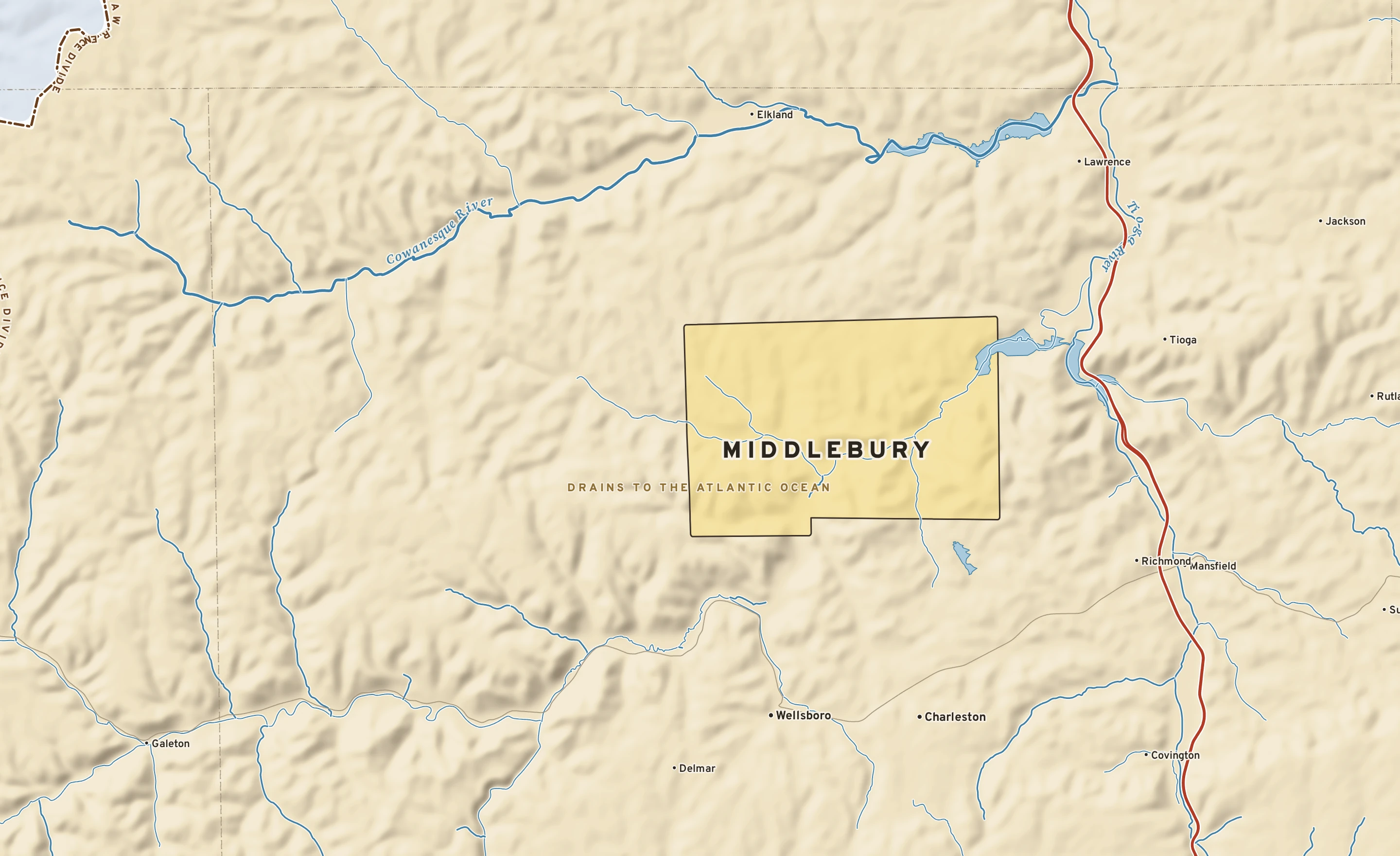 Shaded-relief atlas plate of Middlebury, Pennsylvania: rivers, roads, the city limits and where the water drains.