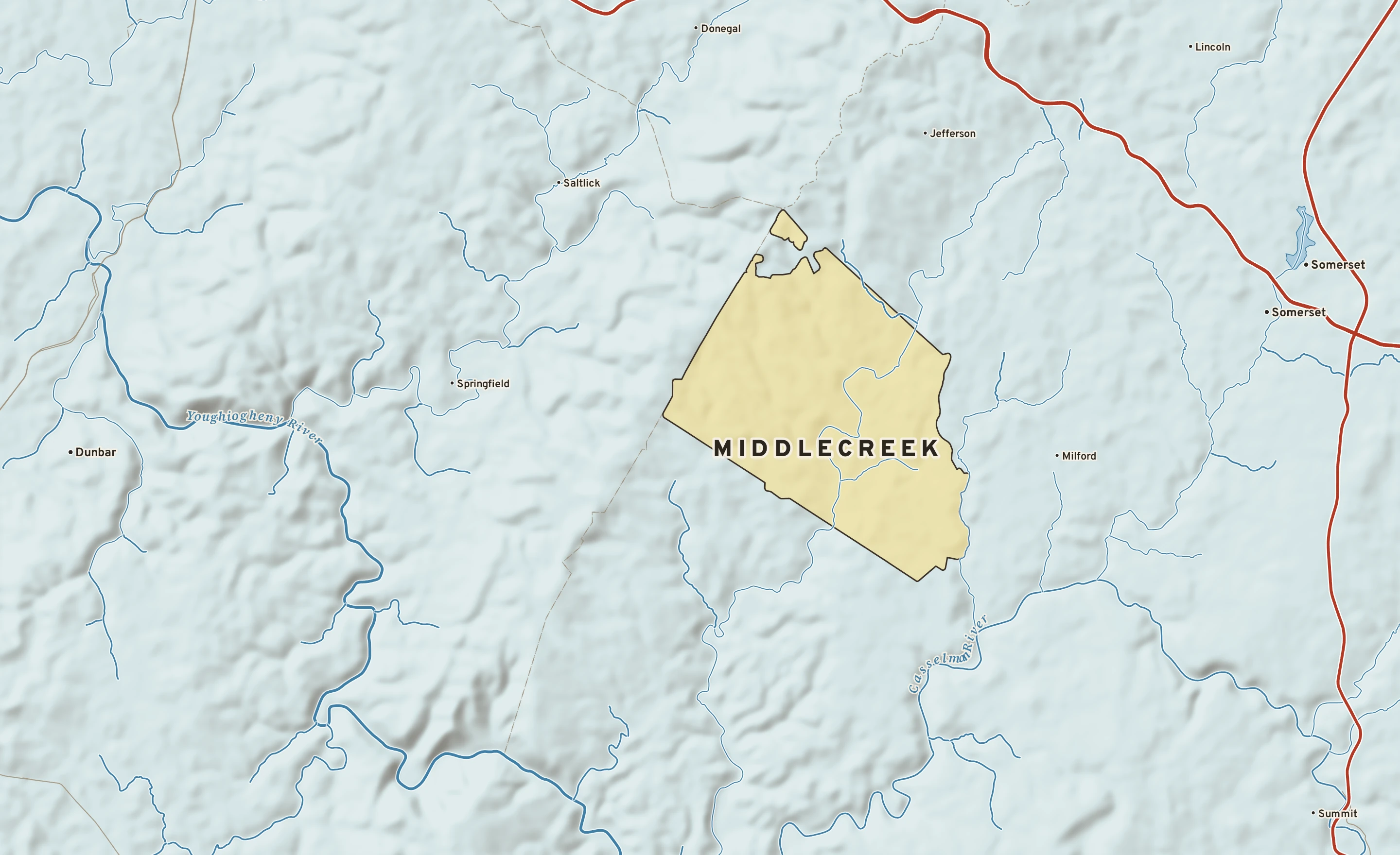 Shaded-relief atlas plate of Middlecreek, Pennsylvania: rivers, roads, the city limits and where the water drains.