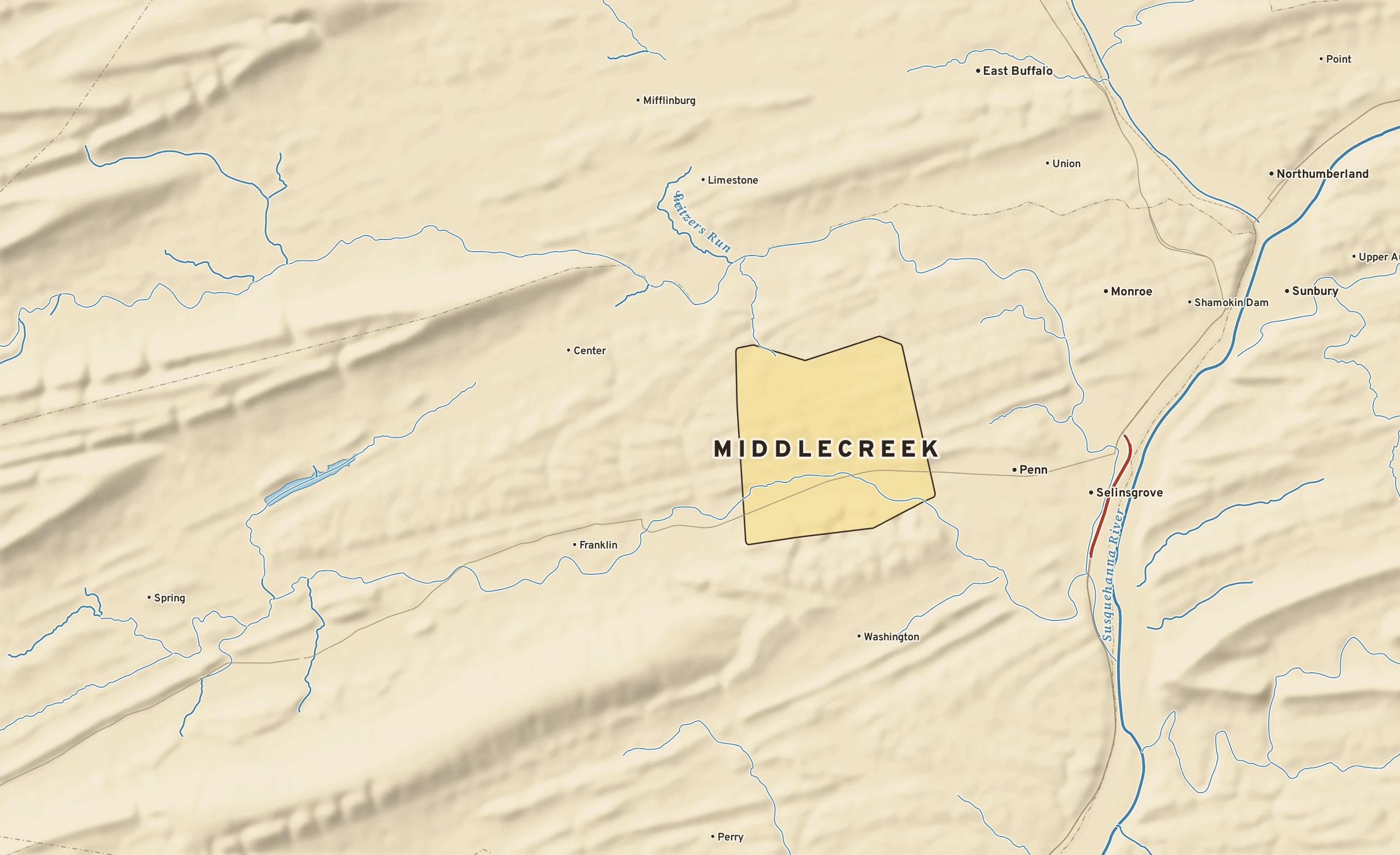 Shaded-relief atlas plate of Middlecreek, Pennsylvania: rivers, roads, the city limits and where the water drains.