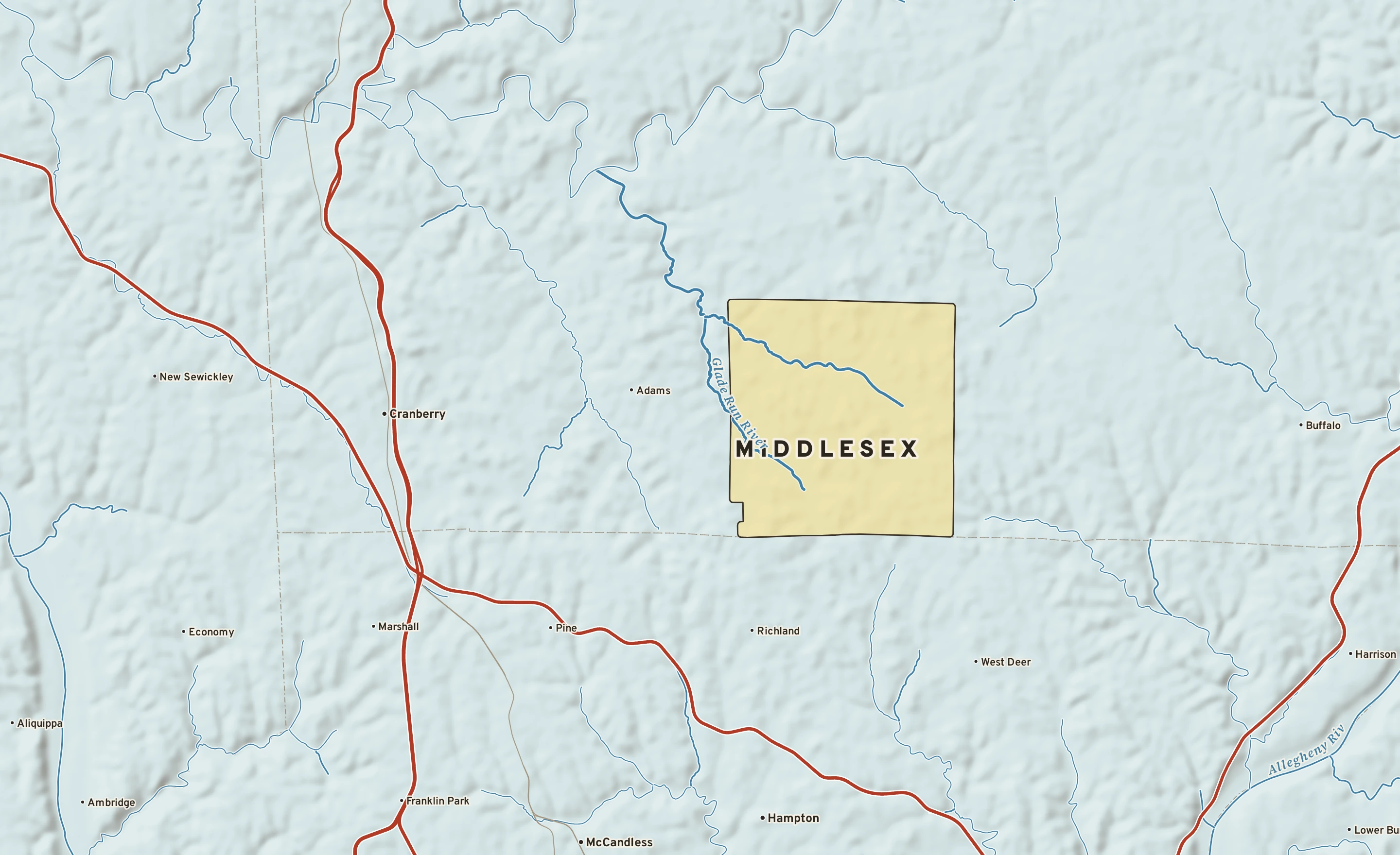 Shaded-relief atlas plate of Middlesex, Pennsylvania: rivers, roads, the city limits and where the water drains.