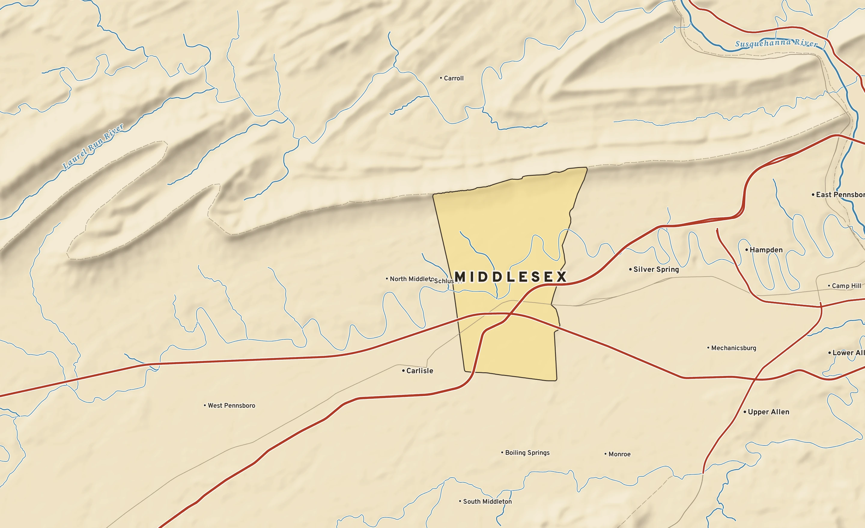 Shaded-relief atlas plate of Middlesex, Pennsylvania: rivers, roads, the city limits and where the water drains.