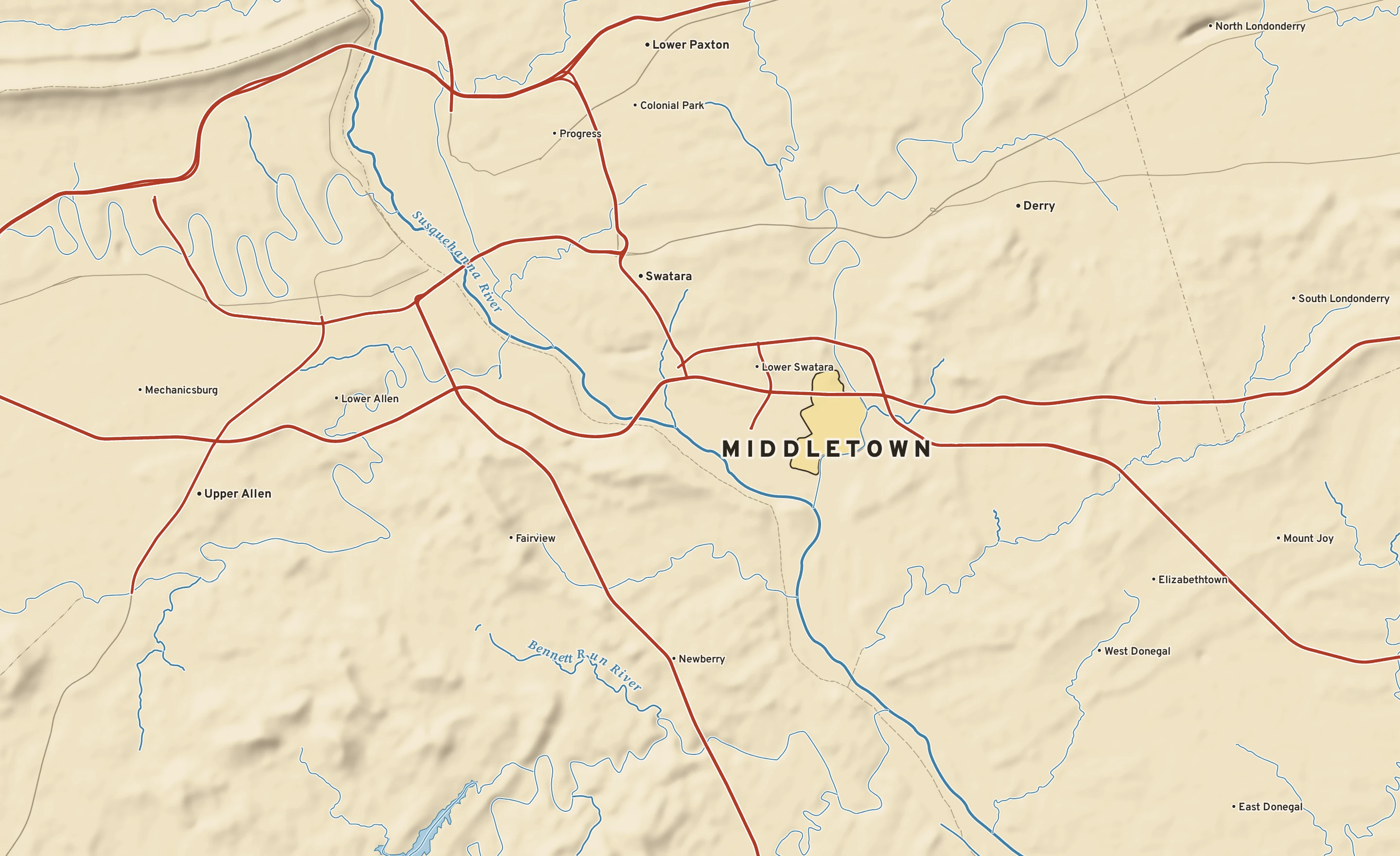 Shaded-relief atlas plate of Middletown, Pennsylvania: rivers, roads, the city limits and where the water drains.