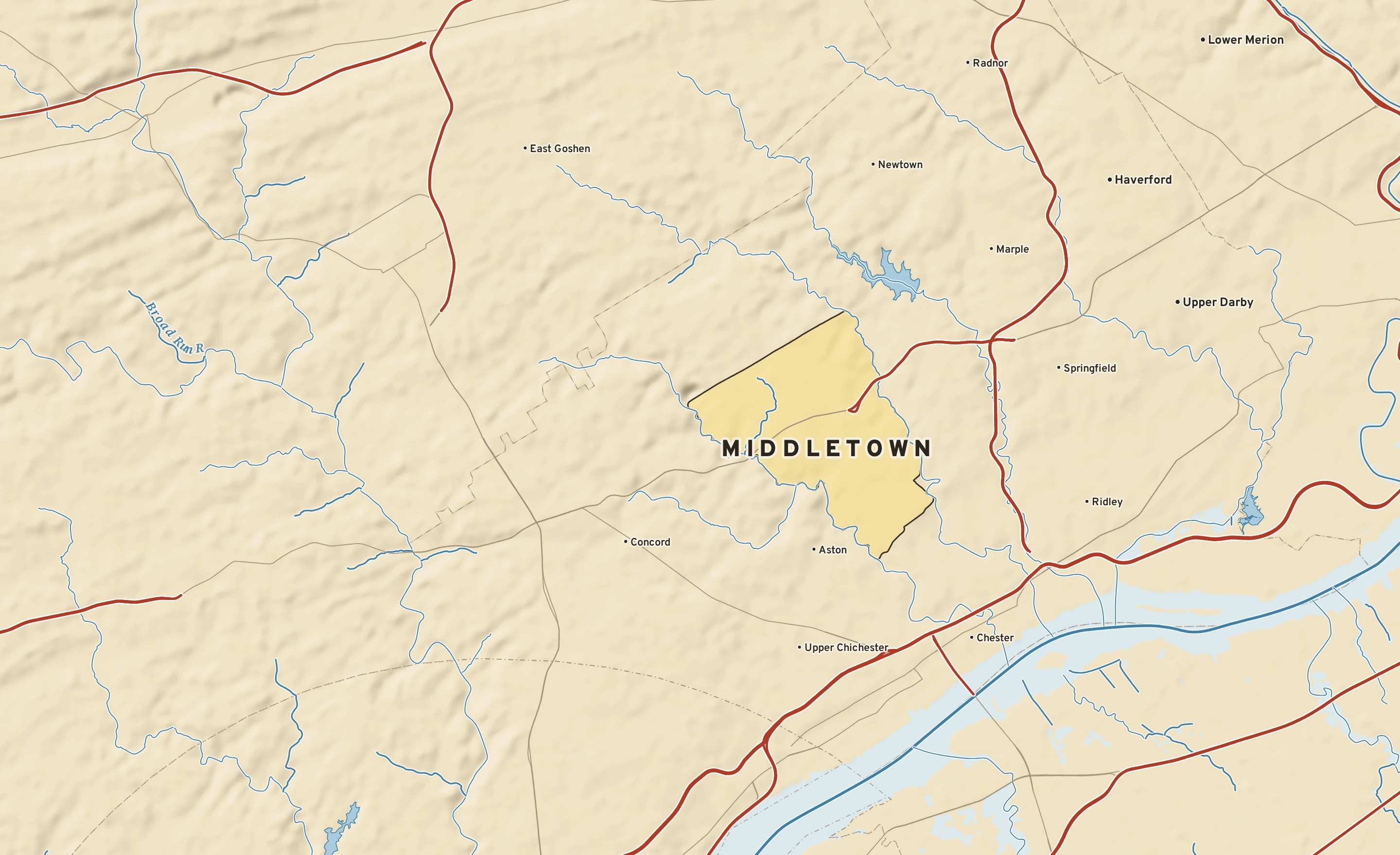Shaded-relief atlas plate of Middletown, Pennsylvania: rivers, roads, the city limits and where the water drains.