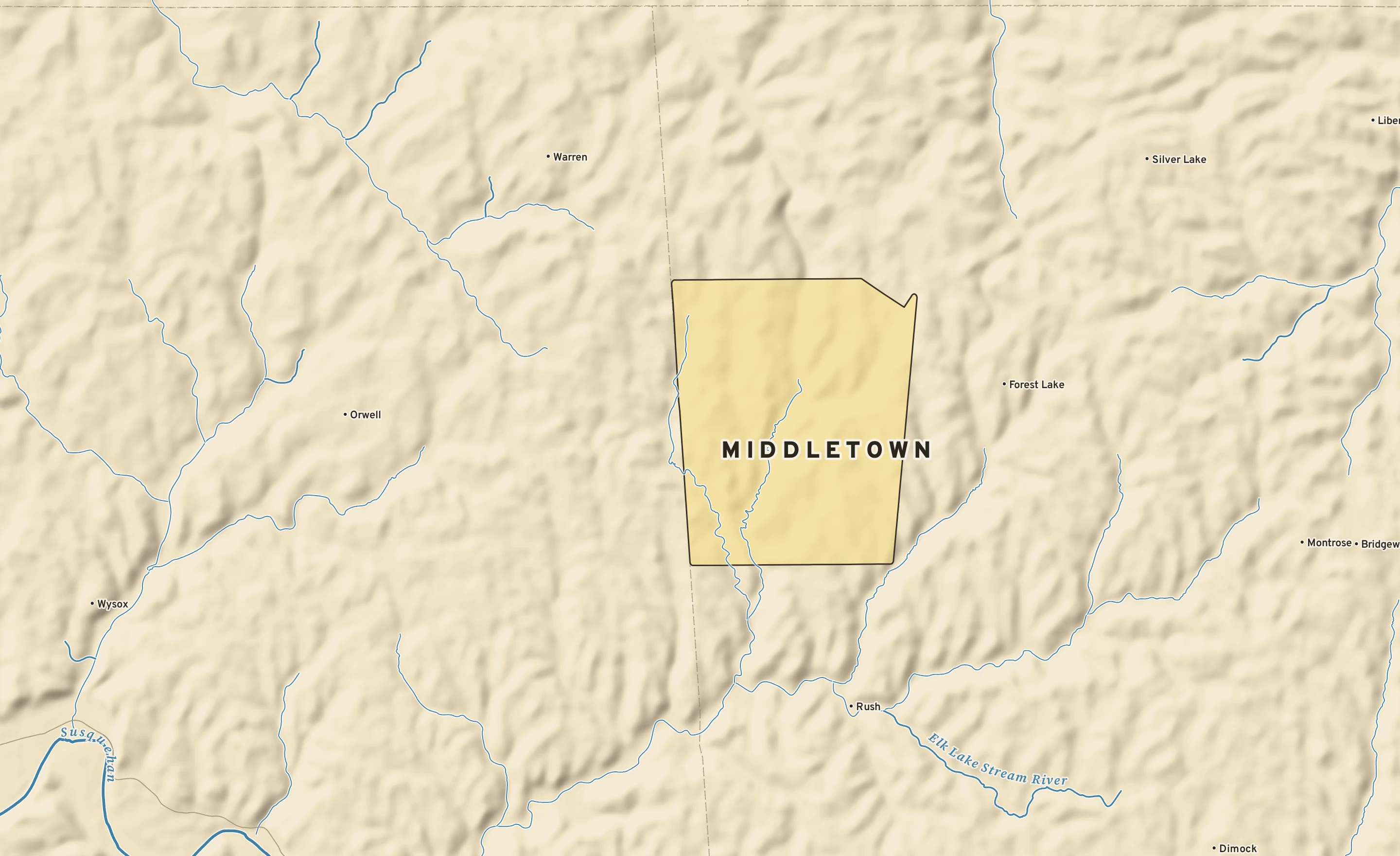 Shaded-relief atlas plate of Middletown, Pennsylvania: rivers, roads, the city limits and where the water drains.