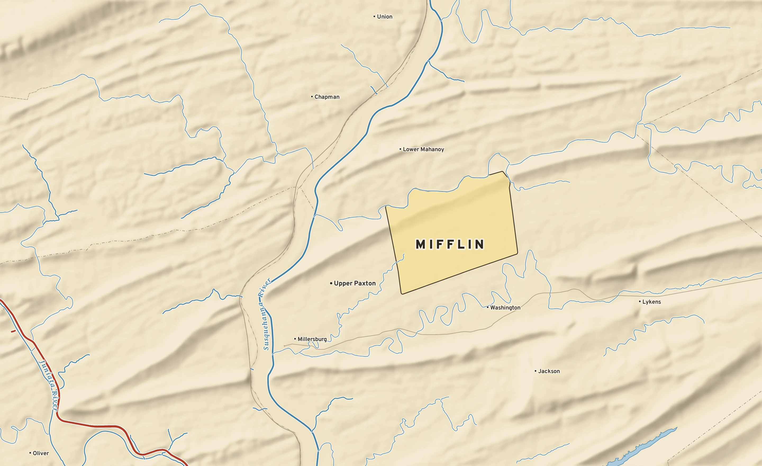 Shaded-relief atlas plate of Mifflin, Pennsylvania: rivers, roads, the city limits and where the water drains.